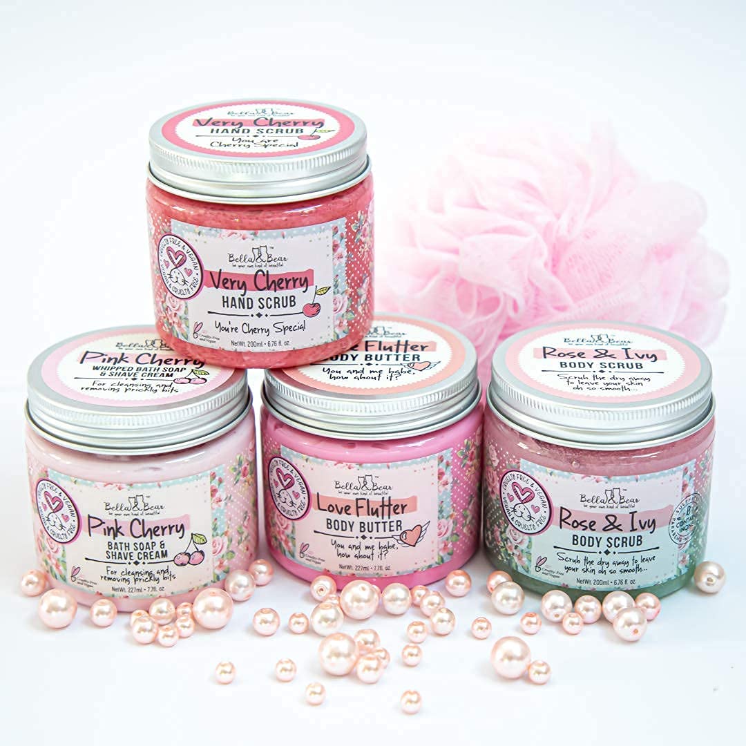 Bella & Bear Very Cherry Hand Scrub cruelty-free logo underscores ethical cosmetics.