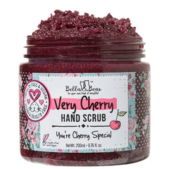 Bella & Bear Very Cherry Hand Scrub jar closeup showing rich sugar texture for exfoliation.