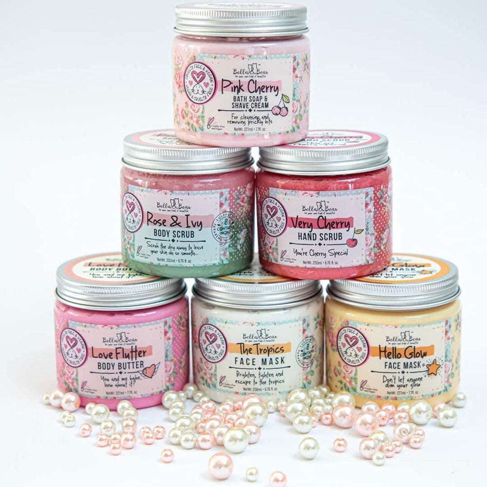 Bella & Bear Very Cherry Hand Scrub recycled plastic packaging highlights sustainability.