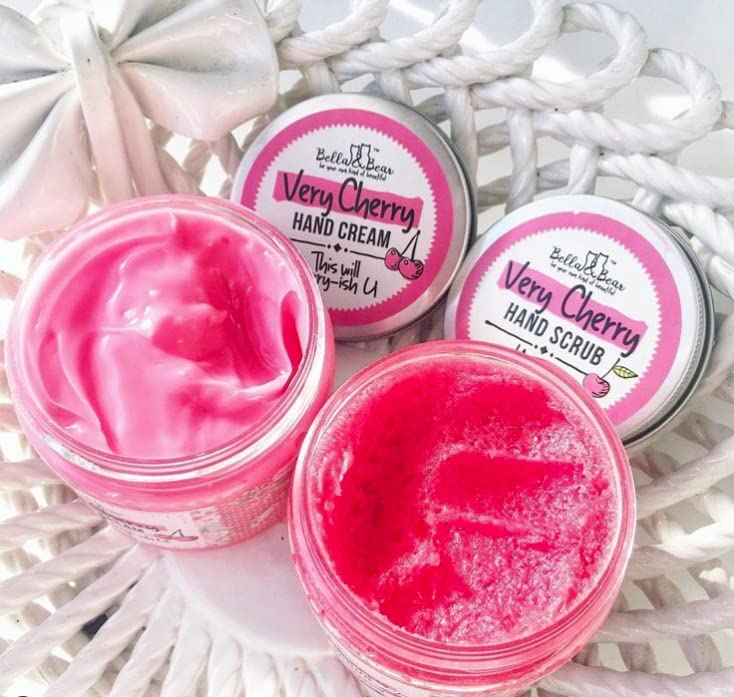 Bella & Bear Very Cherry Hand Scrub sugar crystals closeup showing gentle abrasive action.