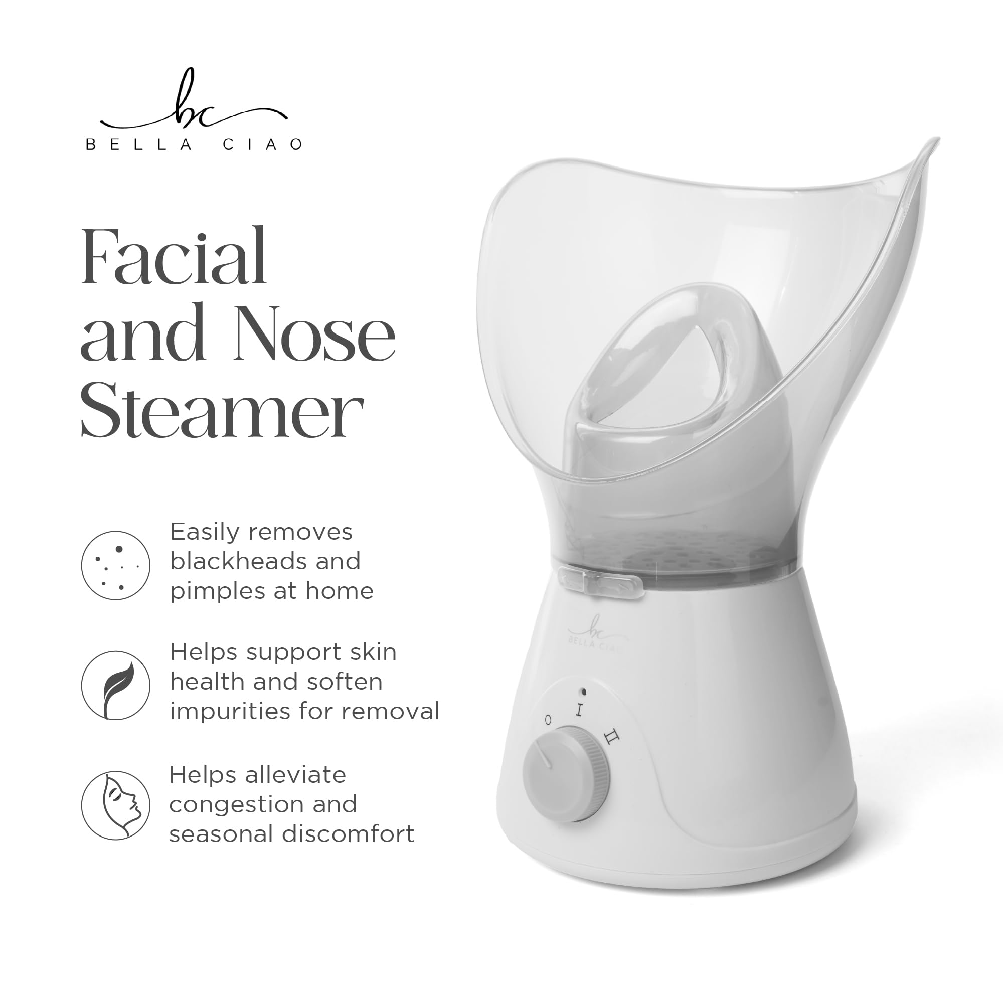 Bella Ciao steamer nozzle close-up illustrating fine mist for gentle cleansing and hydration.