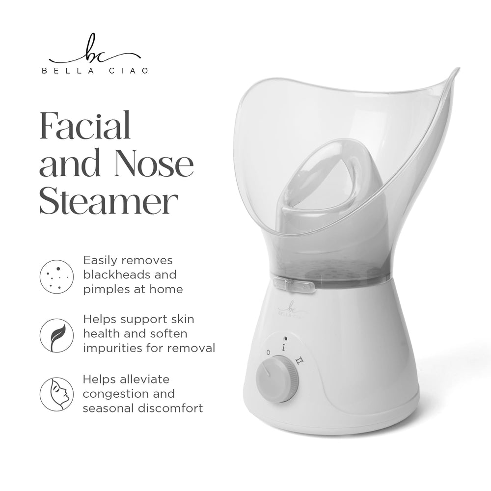 Bella Ciao steamer nozzle close-up illustrating fine mist for gentle cleansing and hydration.