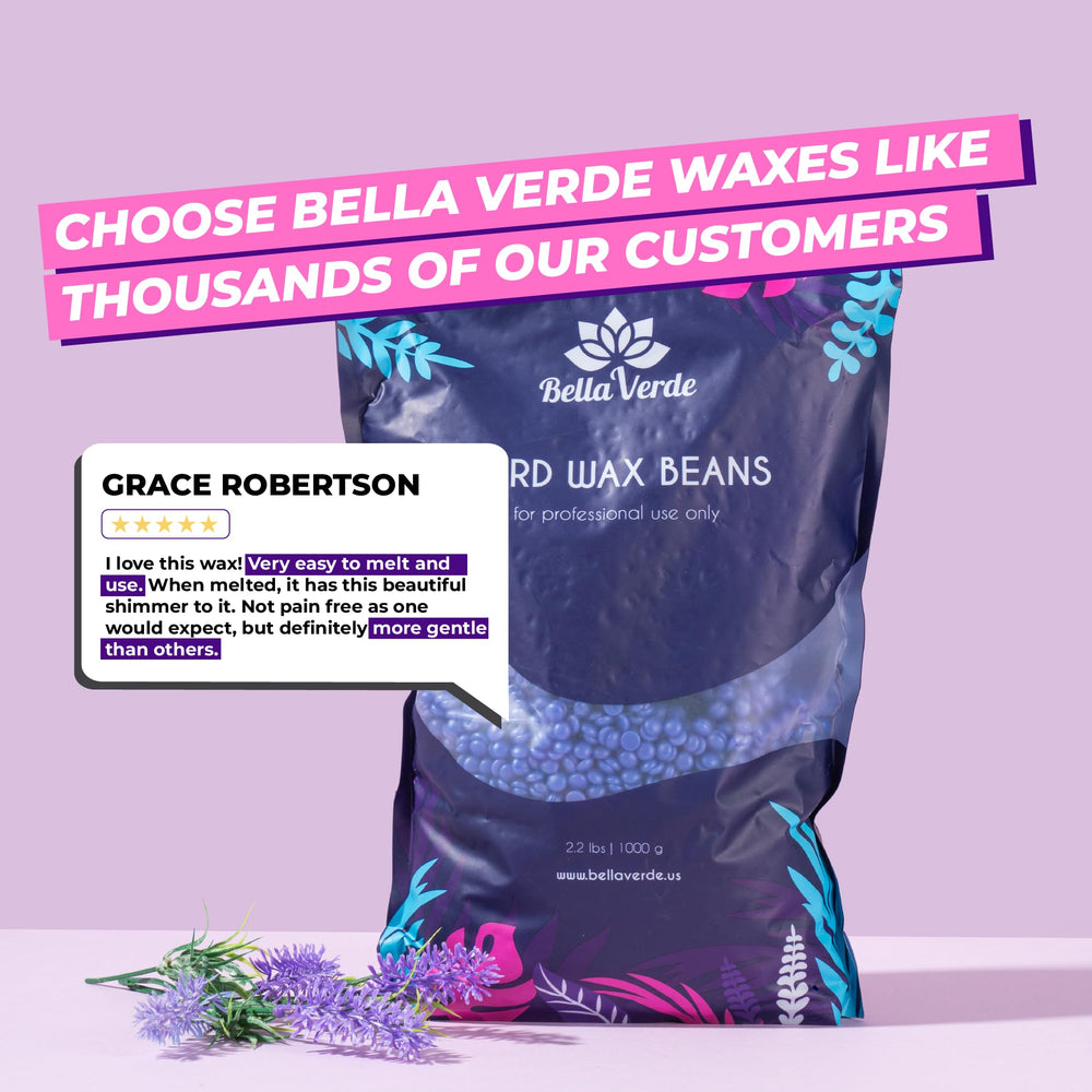 Bella Verde wax beads show versatile use on legs, underarms, bikini.