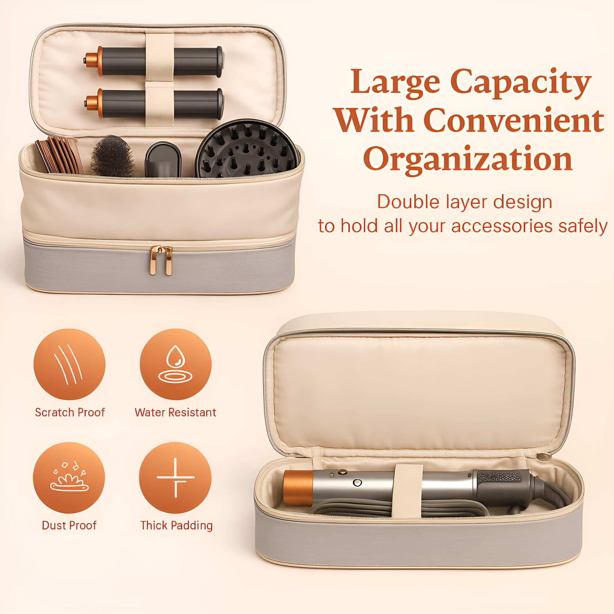 BellaBag interior fits Dyson Airwrap and large attachments, displaying universal compatibility.