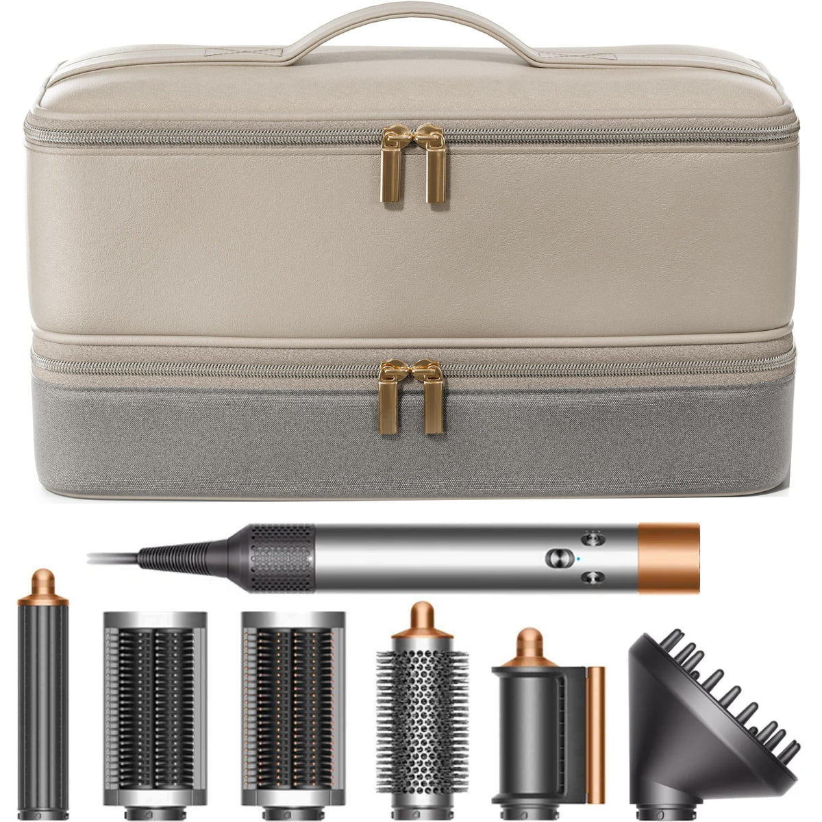 BellaBag Dyson Airwrap travel case front view with dual zippers for easy access.