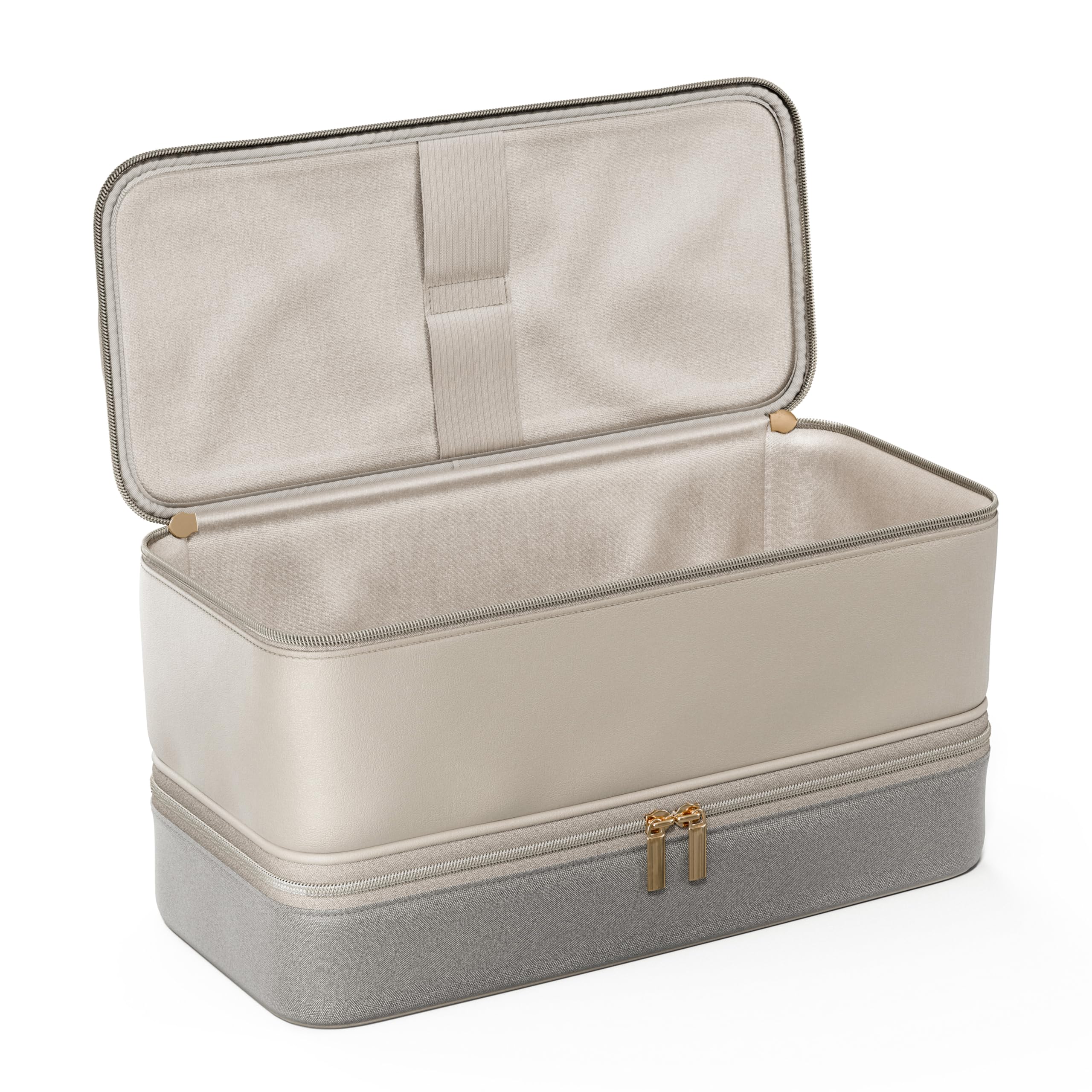 BellaBag travel case in beige and gray complements any vanity.