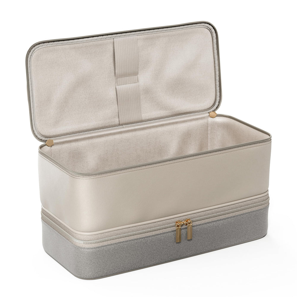 BellaBag travel case in beige and gray complements any vanity.