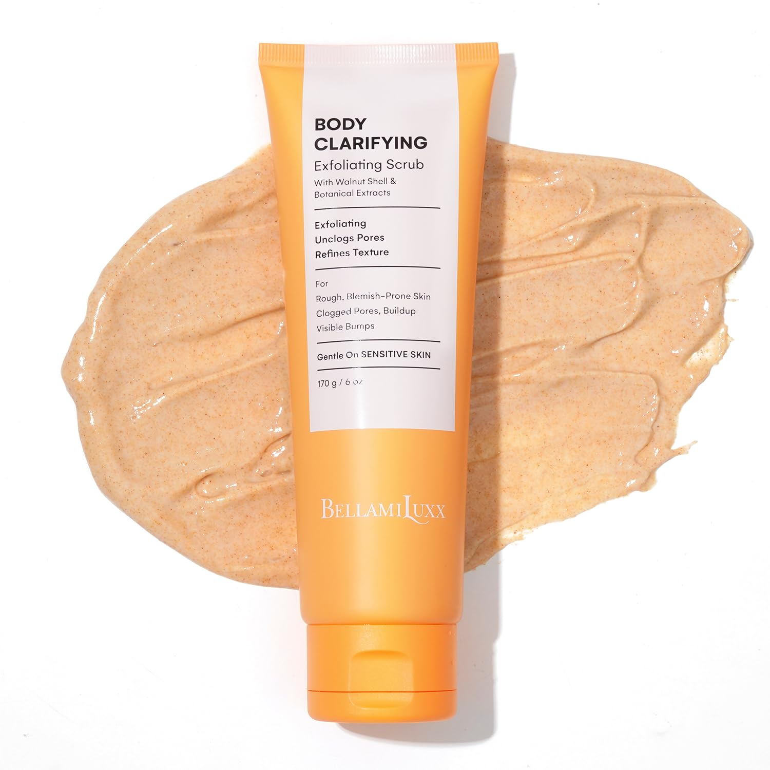 BellamiLuxx Body Acne Scrub bottle close-up shows exfoliating formula for smoother skin.