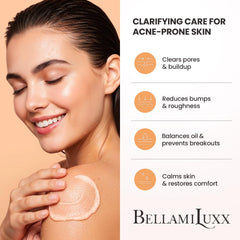 BellamiLuxx Body Acne Scrub creamy lather being applied for pore clearing during shower.