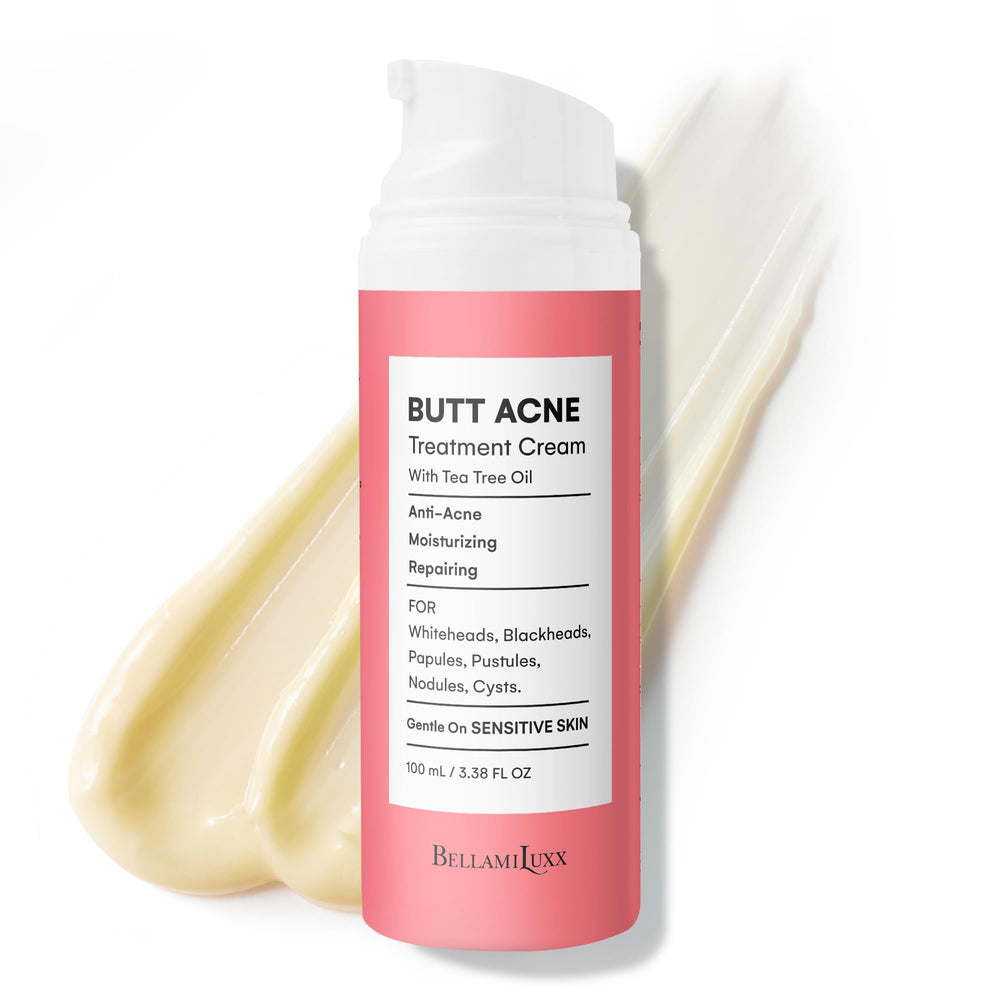 BellamiLuxx butt acne cream packaging shown for convenient daily use.