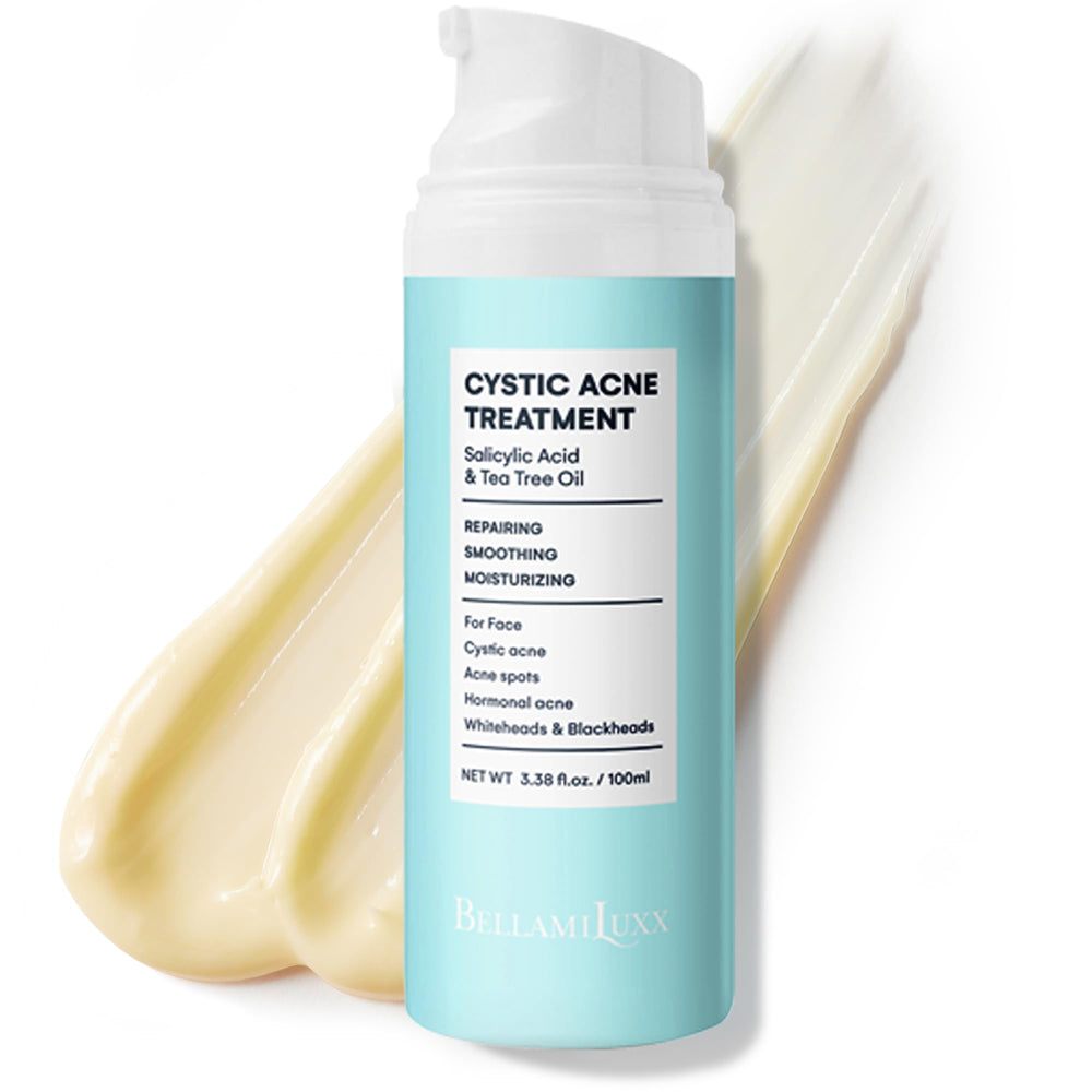 BellamiLuxx cystic acne cream bottle highlighting targeted face treatment for clearer skin.
