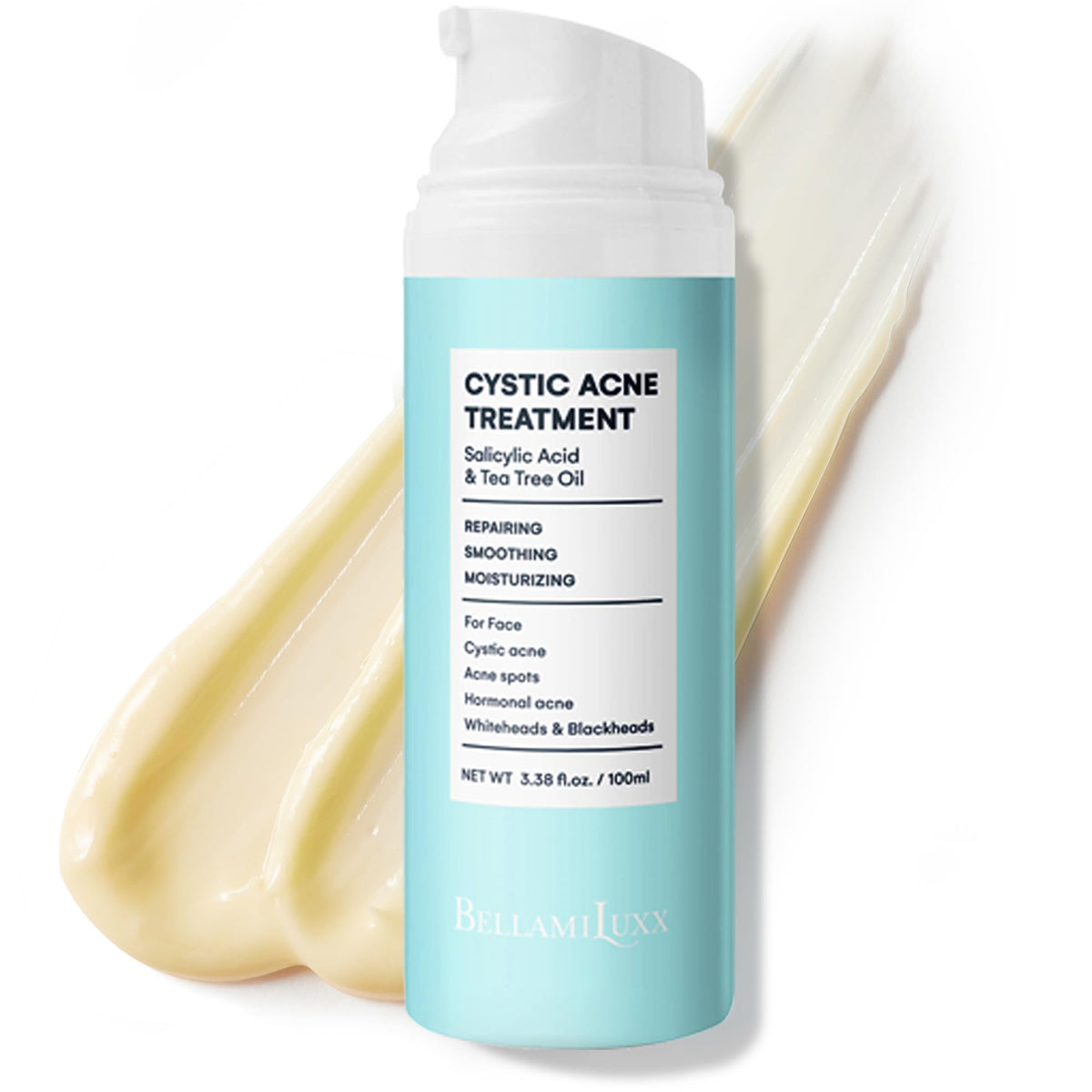 BellamiLuxx cystic acne cream bottle highlighting targeted face treatment for clearer skin.