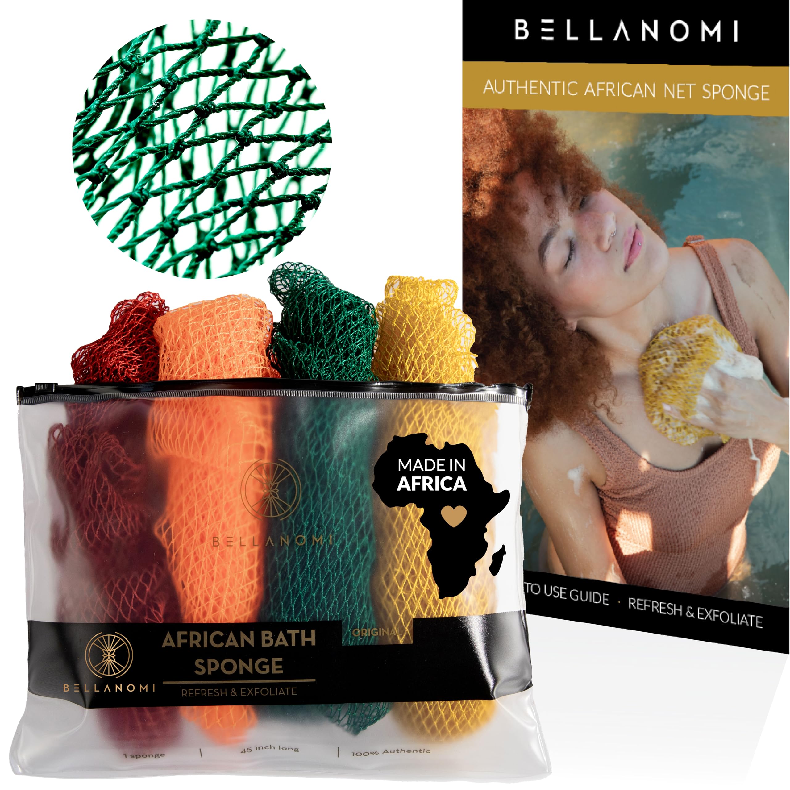 Bellanomi African exfoliating net sponge back scrub detail for hard-to-reach areas