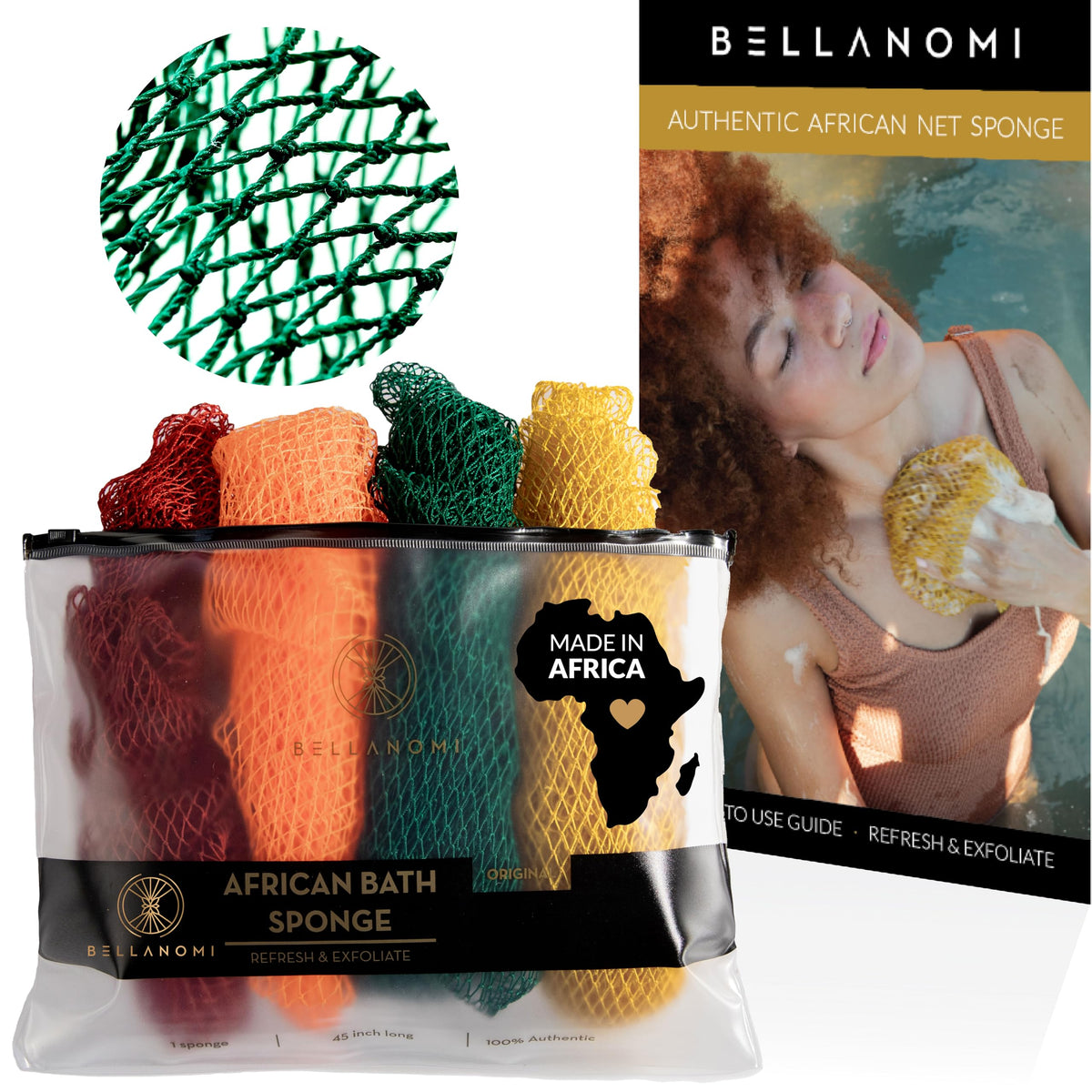 Bellanomi African exfoliating net sponge back scrub detail for hard-to-reach areas