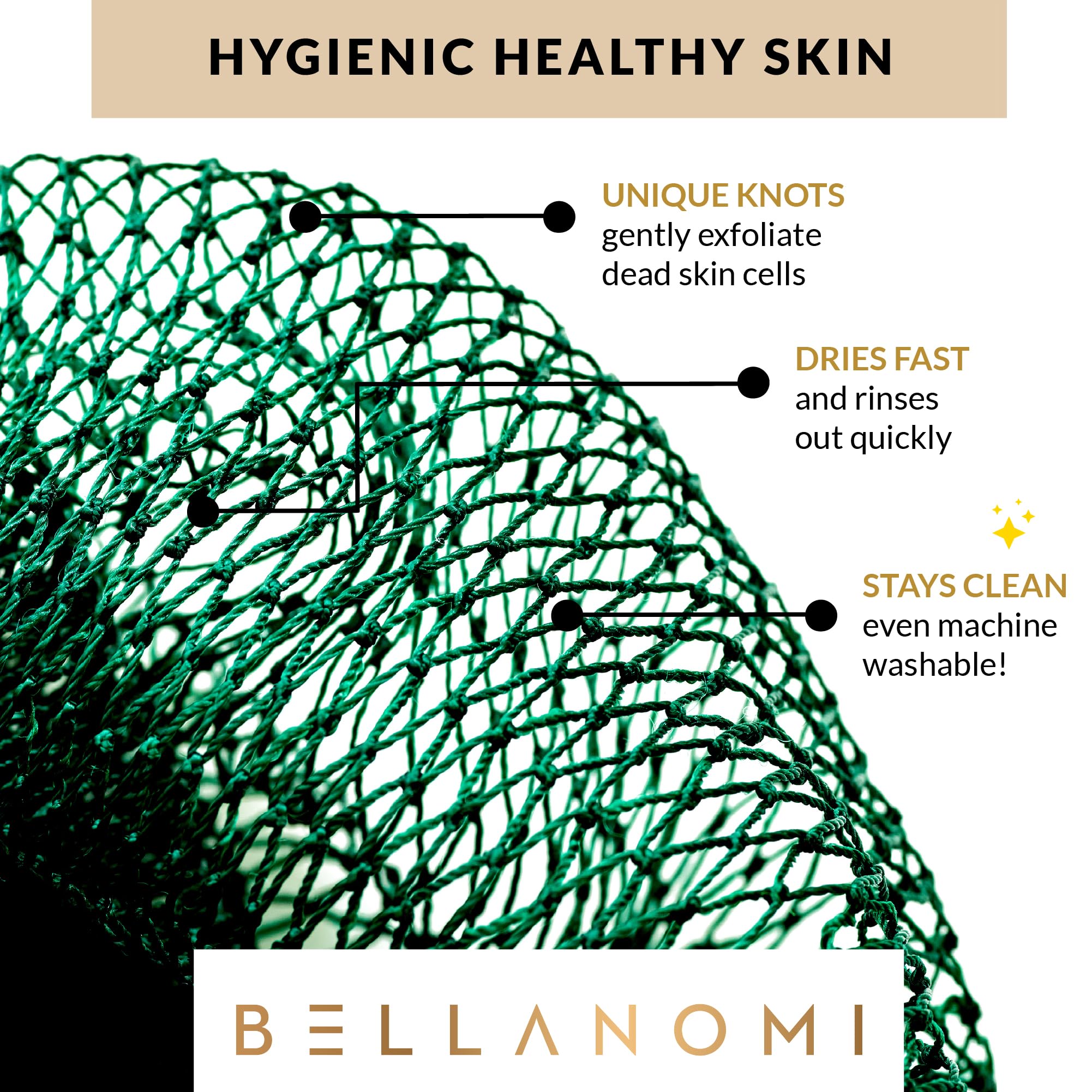 Bellanomi close-up knit sponge detail highlights traditional Sapo exfoliation