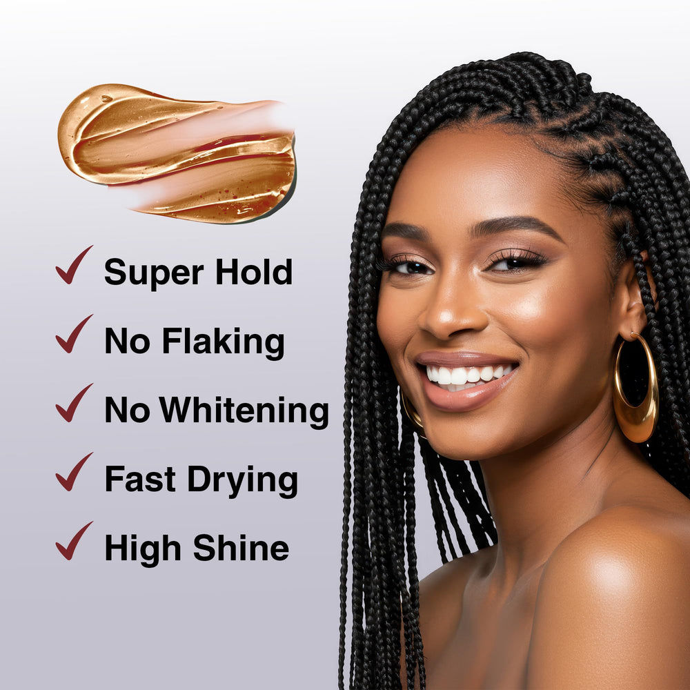 Bellatique Braiding Gel bottle back highlights no flaking and whitening-free formula