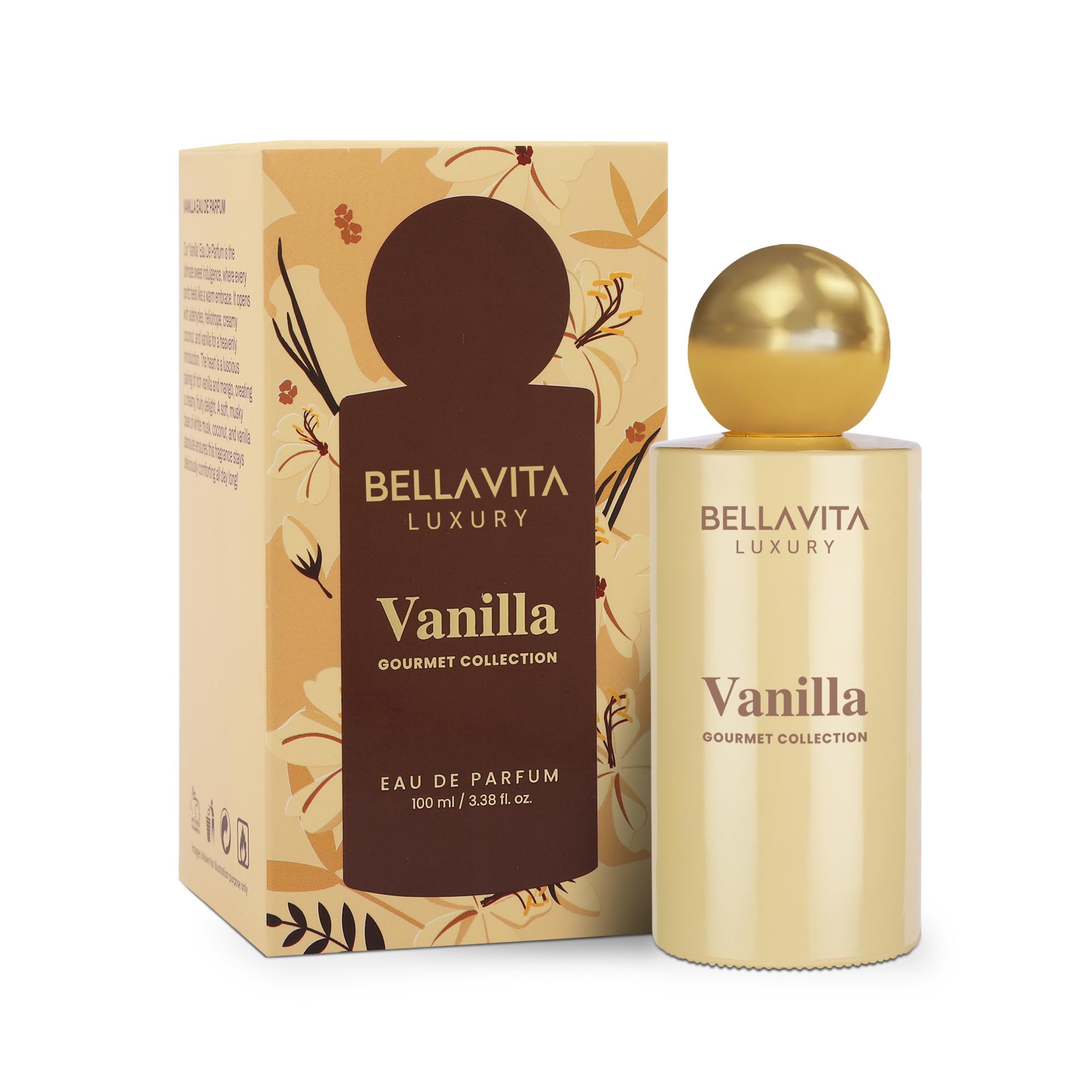 Bellavita Gourmet Vanilla EDP bottle showing warm vanilla for everyday elegance.