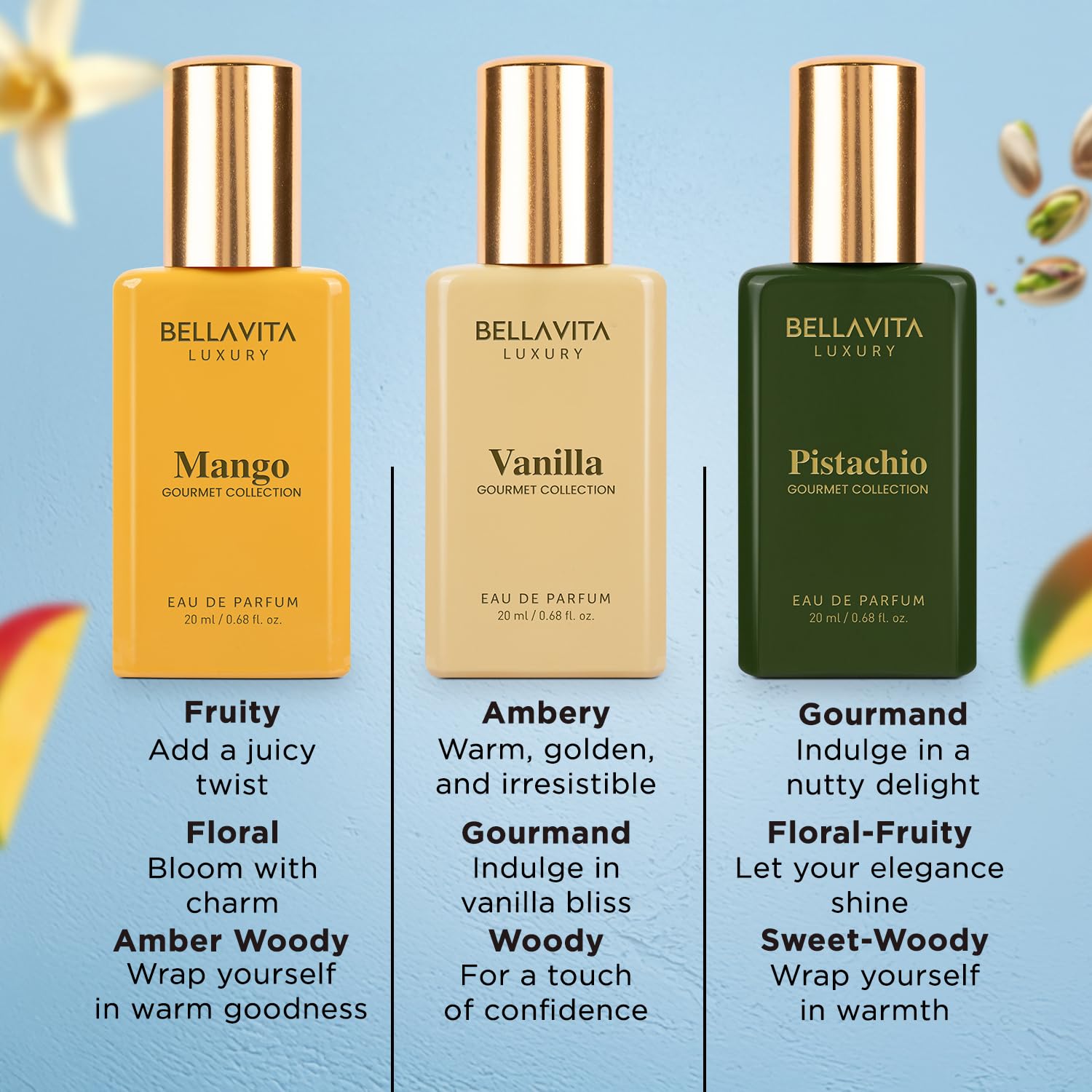 BELLAVITA Gourmet Set Mango bottle captures juicy fruit aroma ideal for vibrant daytime wear.