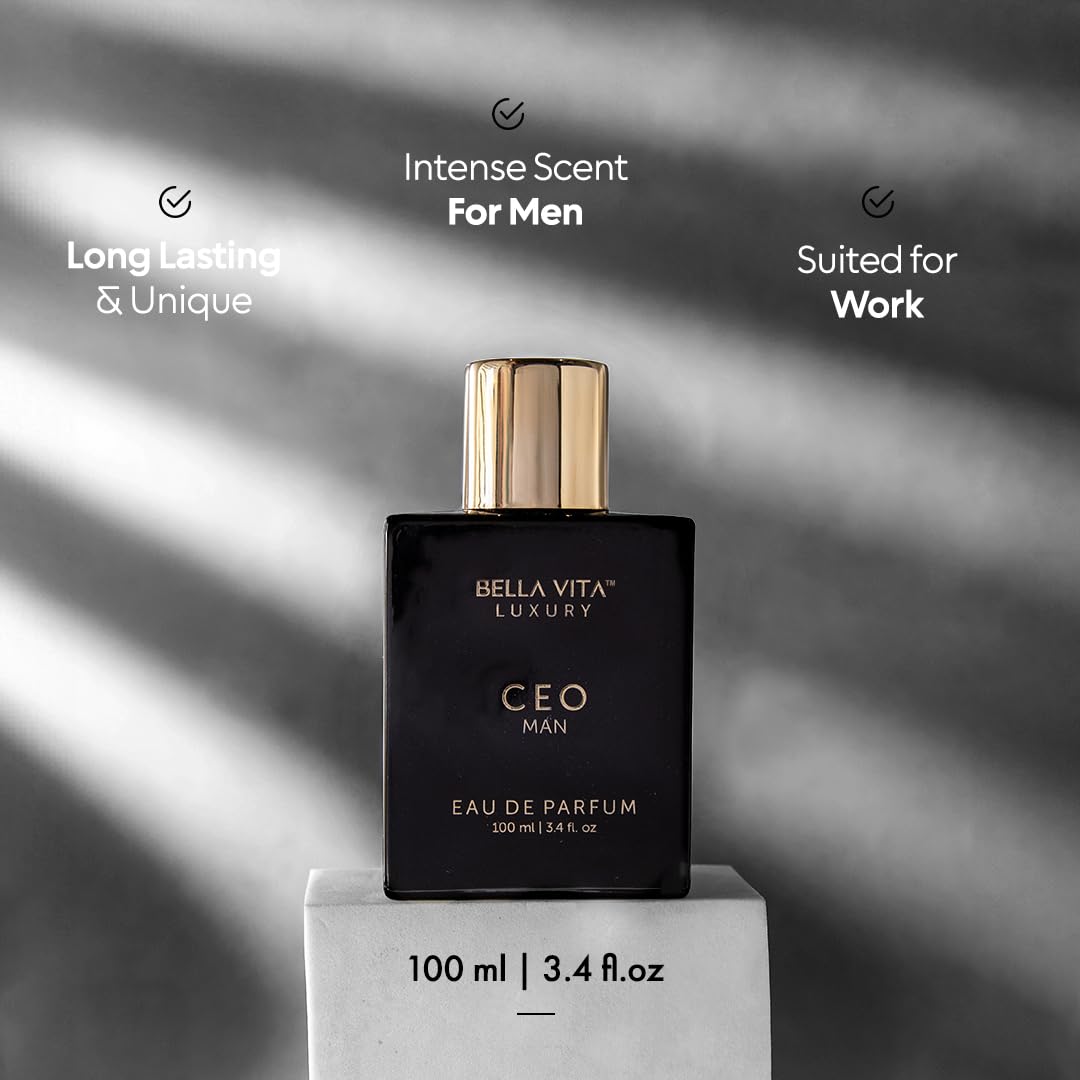BellaVita Luxury CEO note graphic illustrates citrus and resin balance for versatile day-to-night wear.