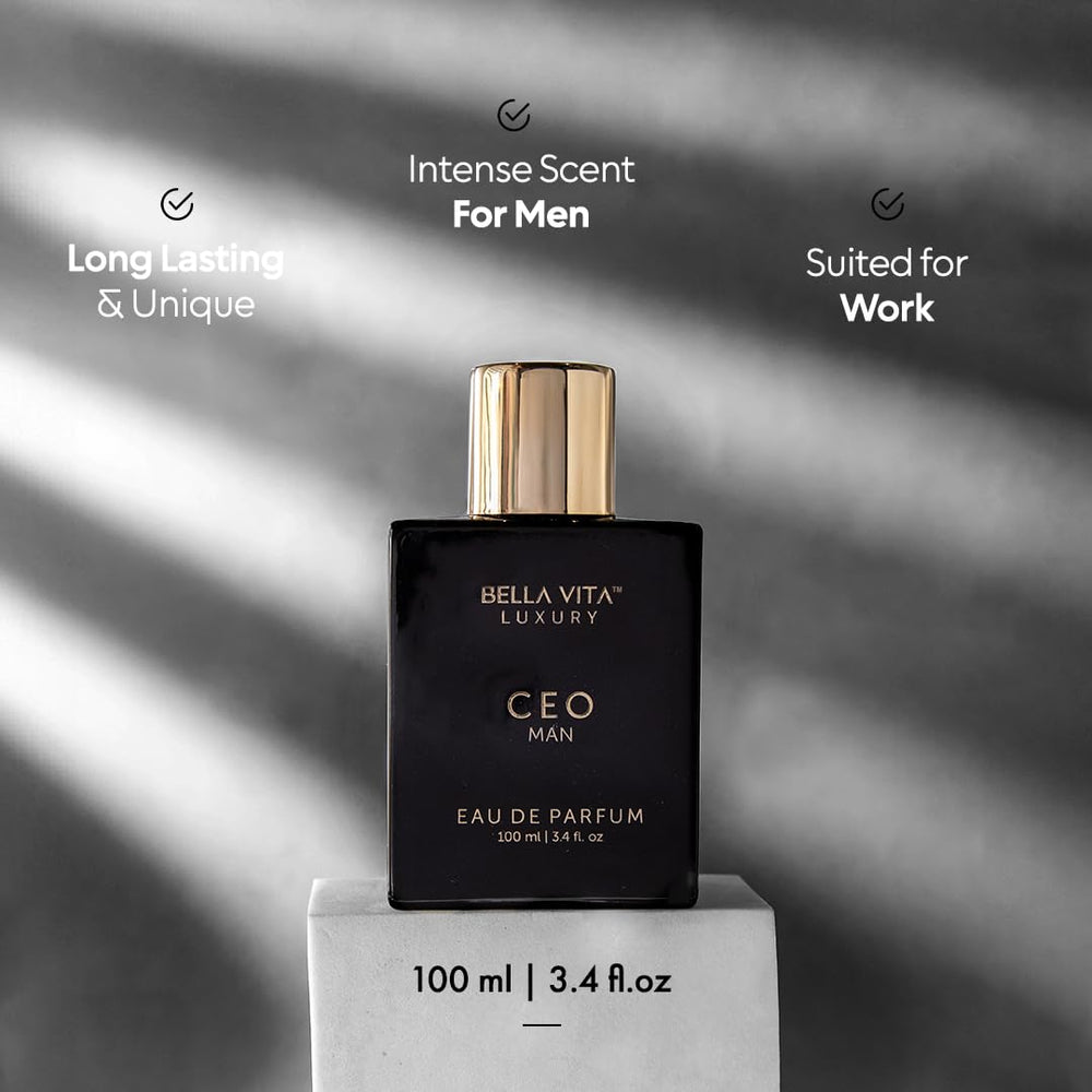 BellaVita Luxury CEO note graphic illustrates citrus and resin balance for versatile day-to-night wear.