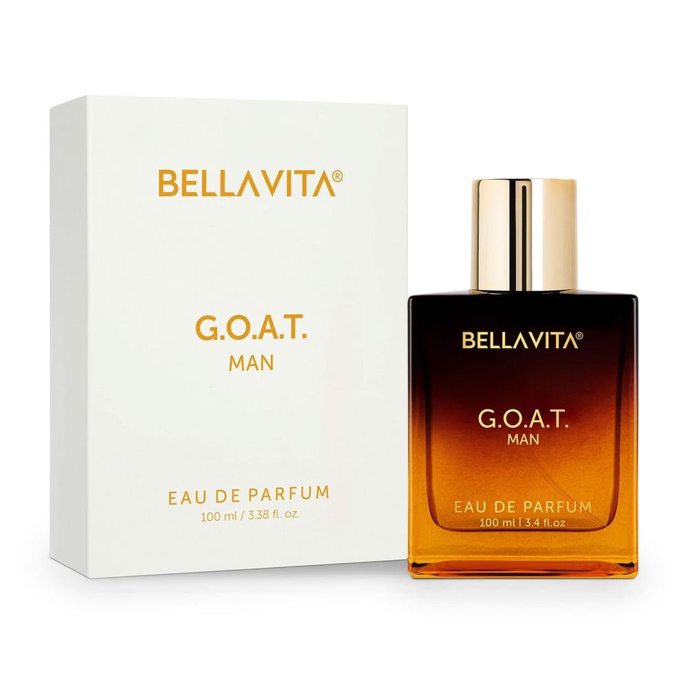 BellaVita Luxury G.O.A.T mens style display emphasizes confident presence and long-lasting fragrance.