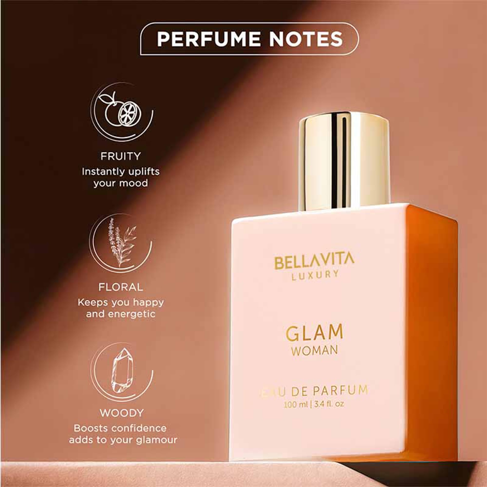 BellaVita Luxury GLAM angled bottle view highlights premium French perfume oil quality
