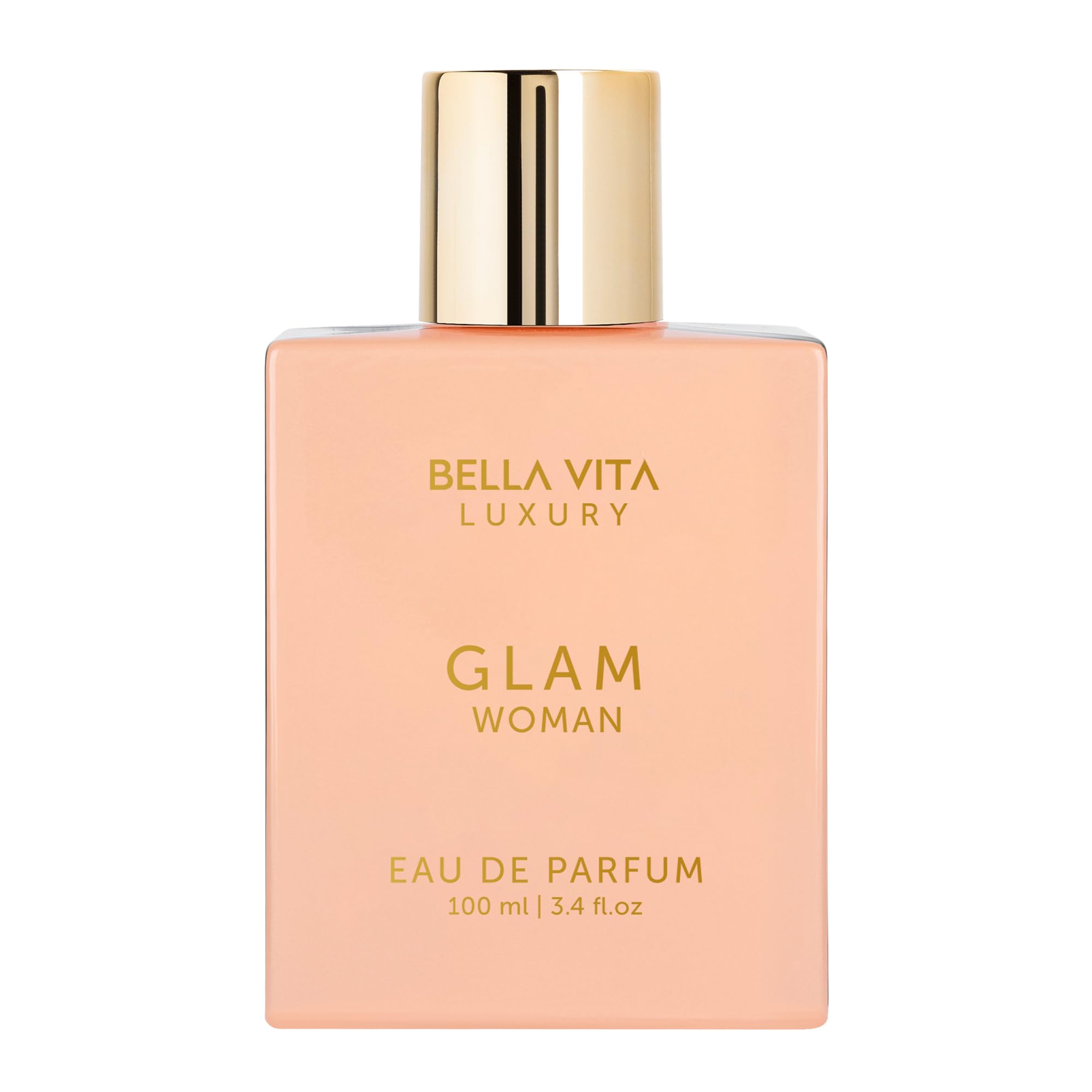 BellaVita Luxury GLAM bottle closeup shows floral-woody scent for daily glam