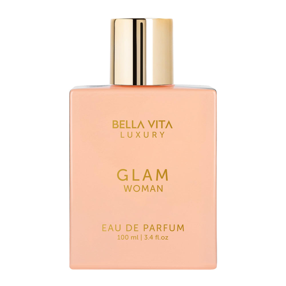 BellaVita Luxury GLAM bottle closeup shows floral-woody scent for daily glam