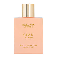 BellaVita Luxury GLAM bottle closeup shows floral-woody scent for daily glam