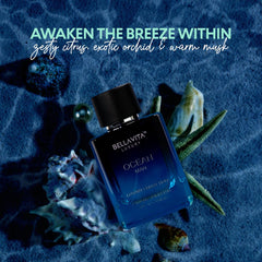 BellaVita Luxury Ocean bottle angle showcases clean, masculine fragrance for office or evenings