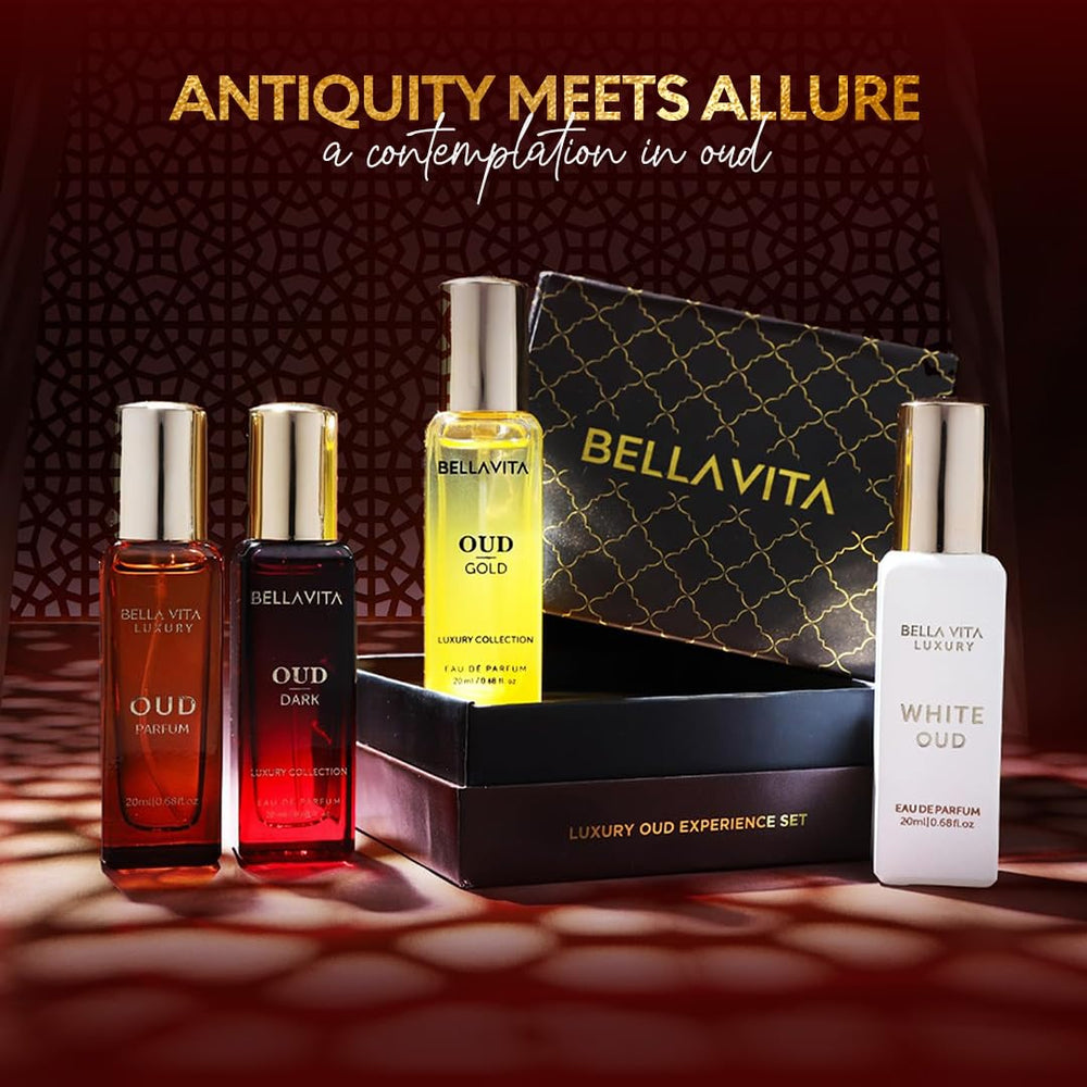 Bella Vita Luxury OUD Dark bottle highlights deep woody notes in a compact 20ml.