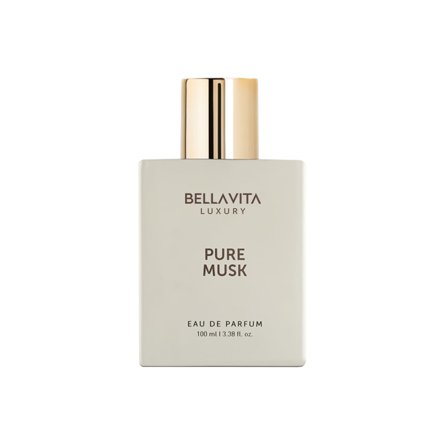 Bellavita Luxury Pure Musk bottle closeup shows a long-lasting unisex fragrance for all-day wear.