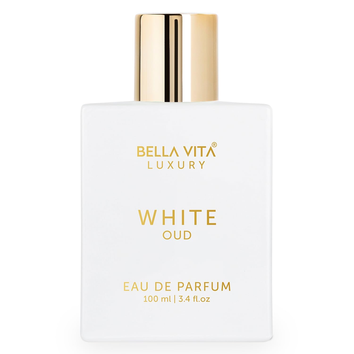 BellaVita Luxury White Oud bottle on a vanity for everyday elegance.