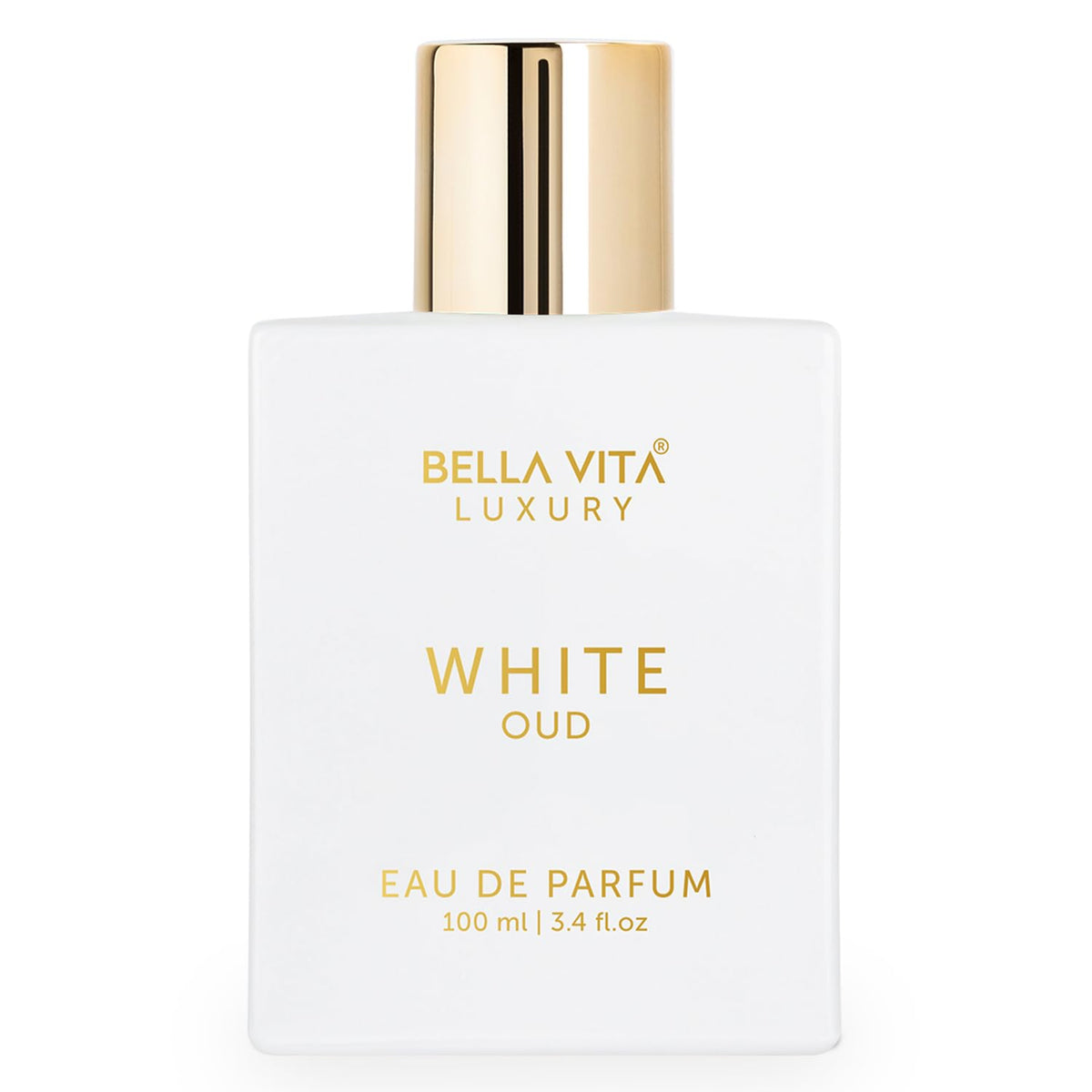 BellaVita Luxury White Oud bottle on a vanity for everyday elegance.