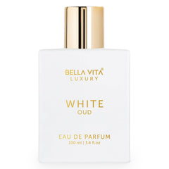 BellaVita Luxury White Oud bottle on a vanity for everyday elegance.