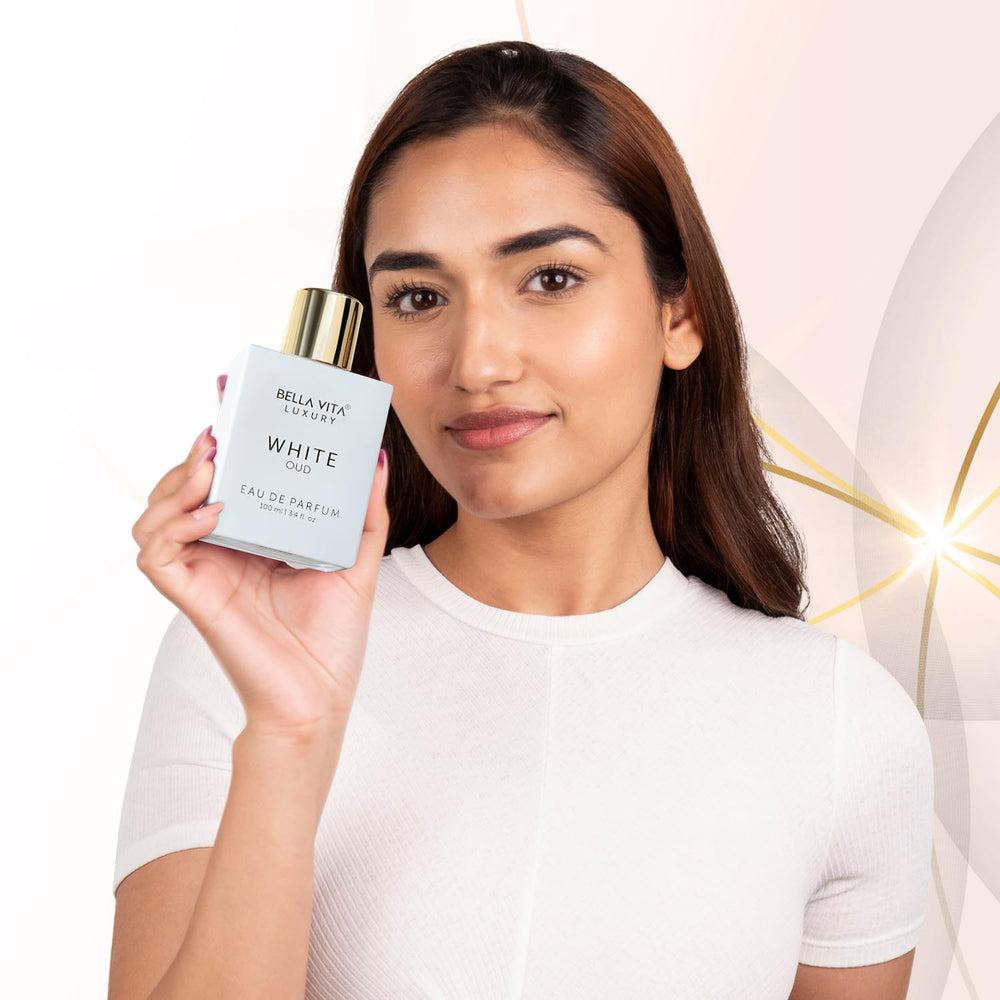 BellaVita Luxury White Oud vanilla-musk blend in soft-focus shot.