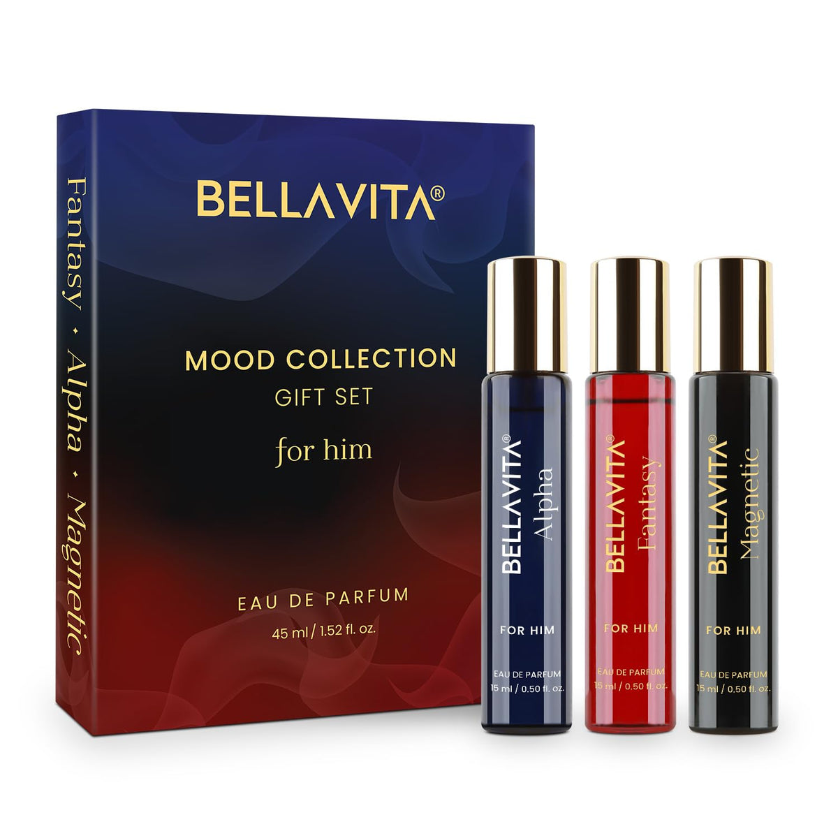 BellaVita Mood Alpha bottle front shows bold cedarwood notes for confident daytime wear.