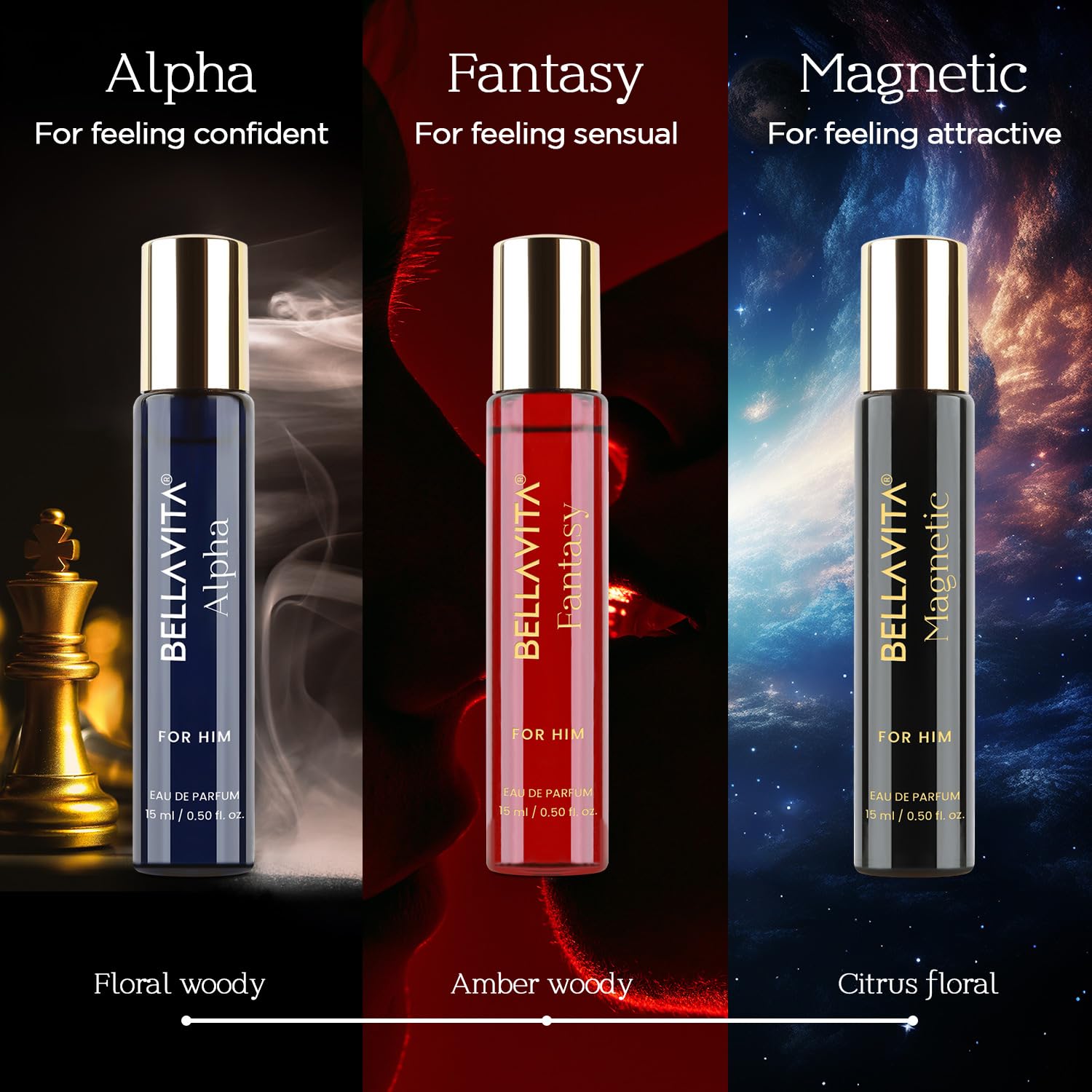 BellaVita Mood Fantasy bottle closeup highlights vanilla and fruity notes for a charming touch.
