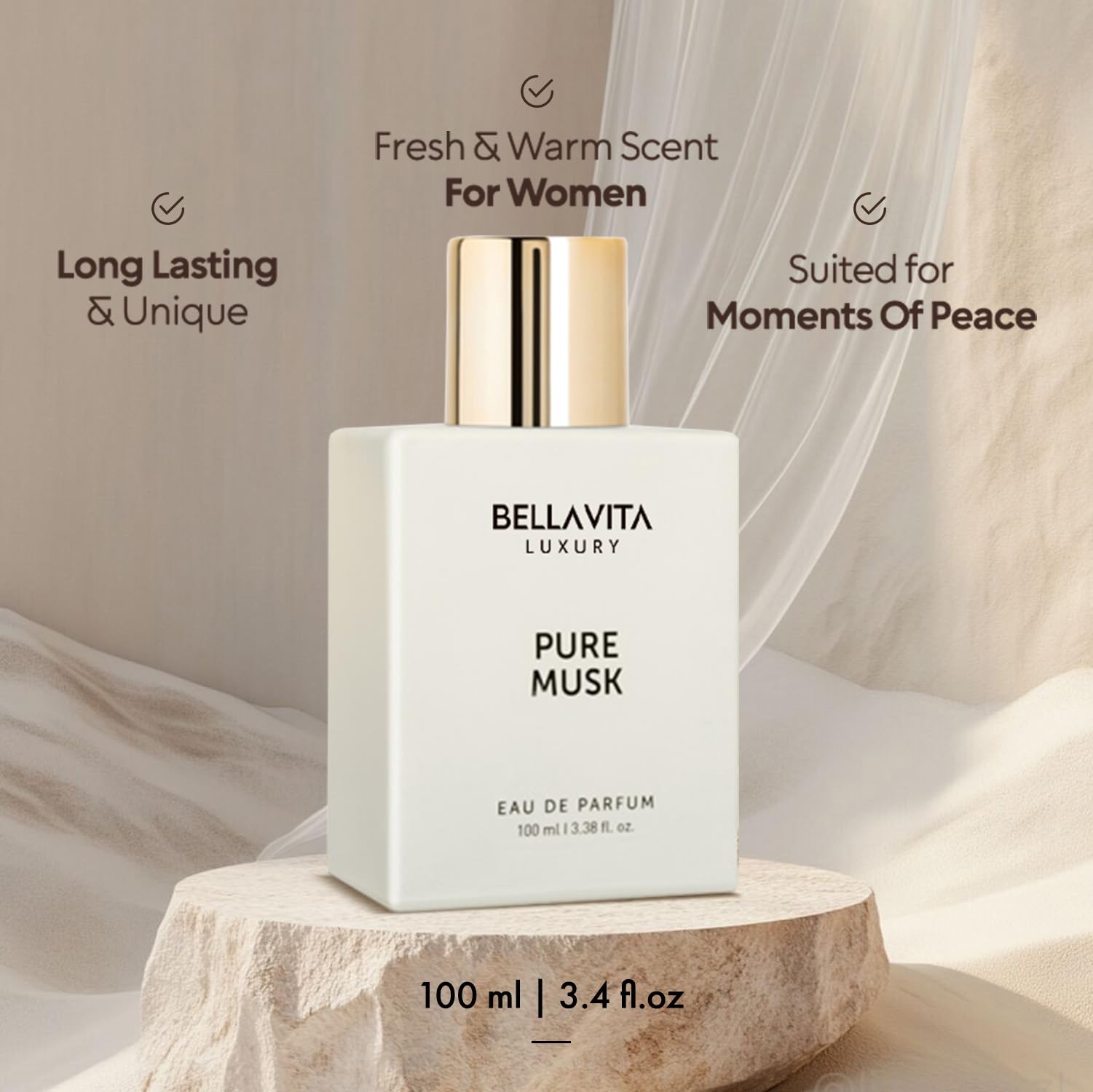 Bellavita Pure Musk fragrance with wooden cap projects premium, lasting aroma for daily wear.