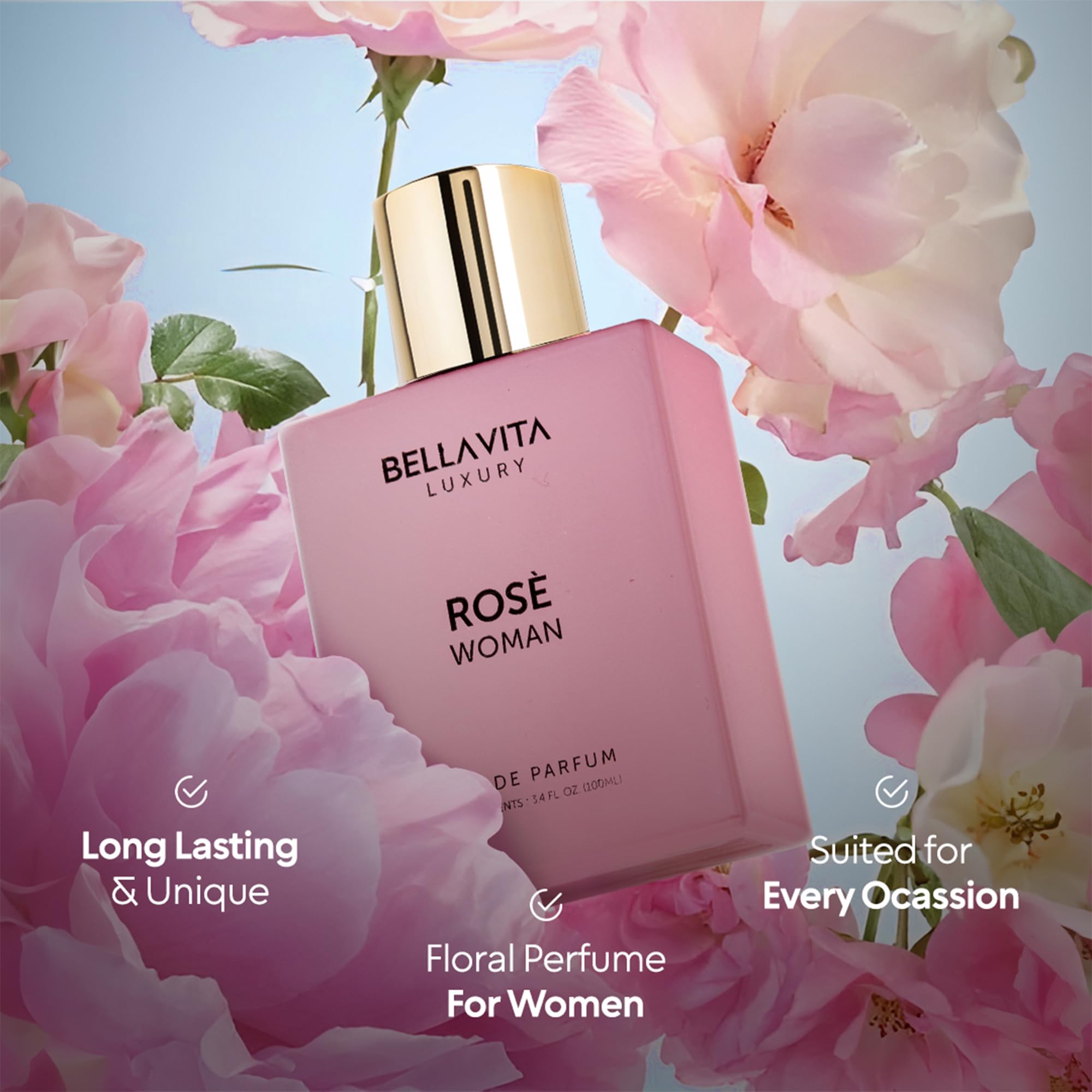 BellaVita ROSE label highlights premium French perfume oils and luxury heritage.