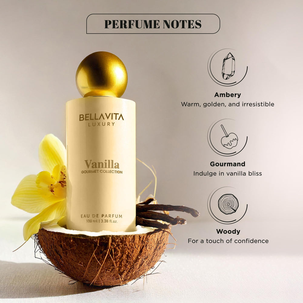 Bellavita Gourmet Vanilla EDP open notes reveal tropical freshness for instant mood lift.