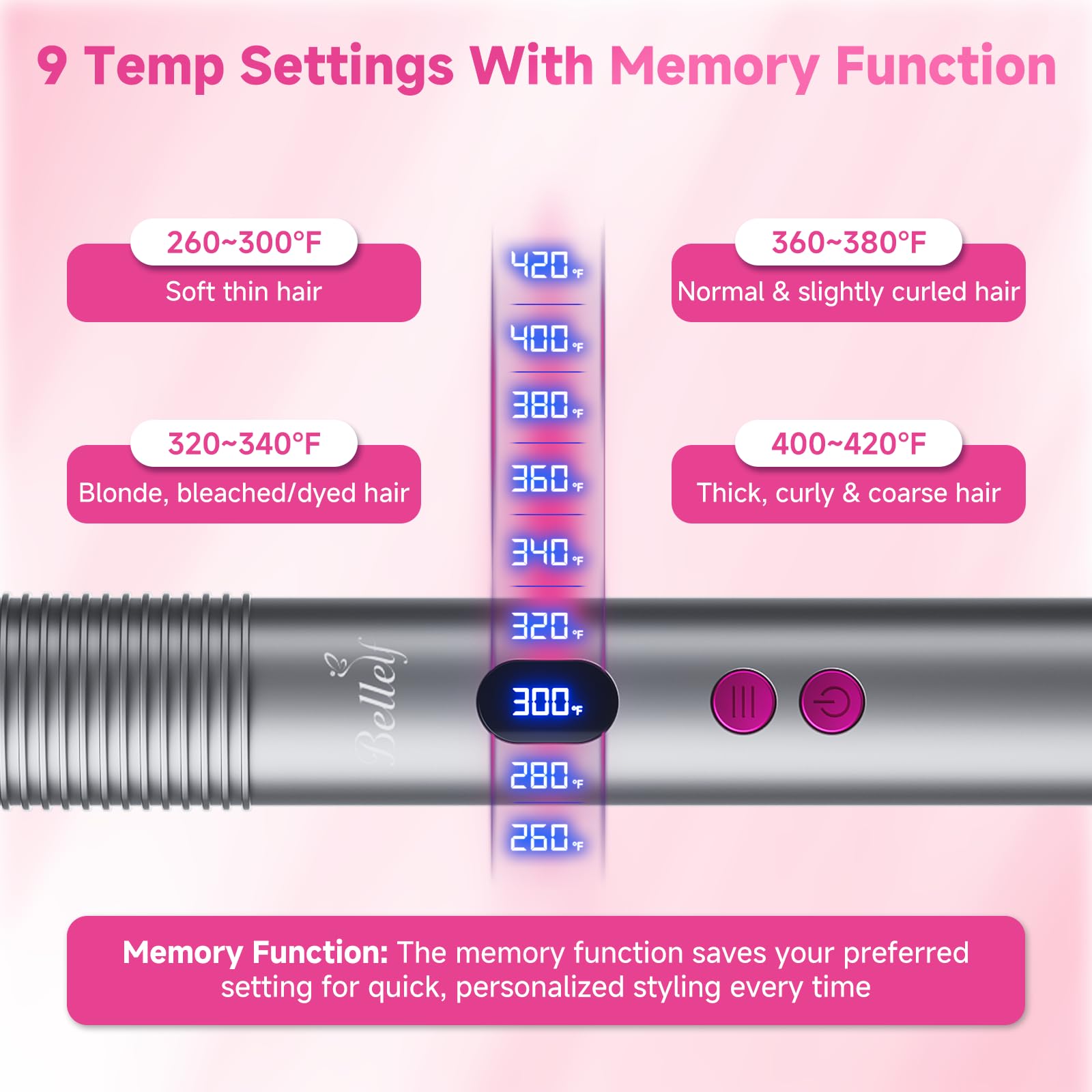 Bellelf hair straightener brush with 9 temp settings for versatile styling.
