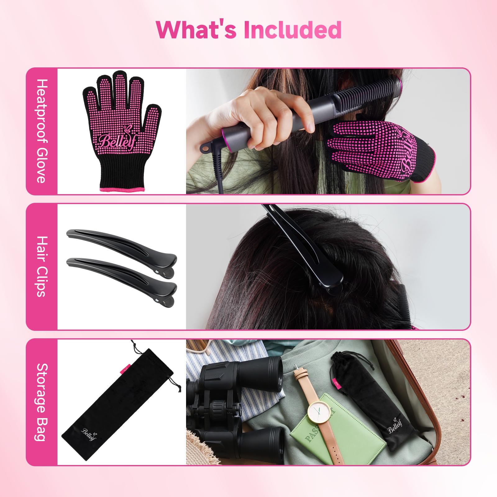 Bellelf hair straightener brush flannel storage bag for travel convenience.