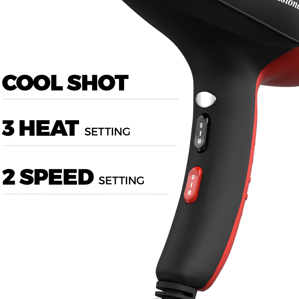 Bellforno dryer control panel showing two speeds and three heat settings for versatile styling