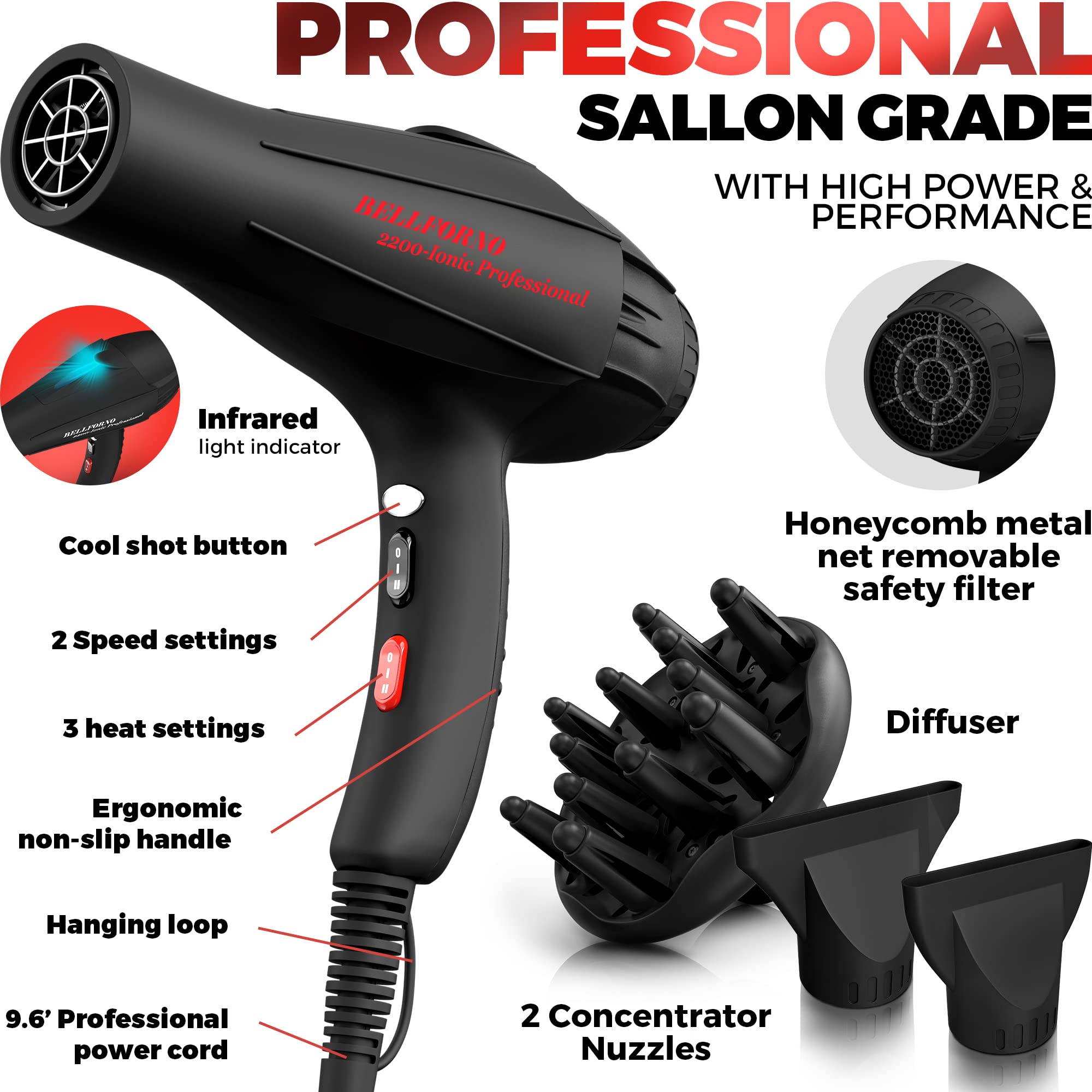 Bellforno negative ion generator highlight for healthier-looking hair and smooth finish.