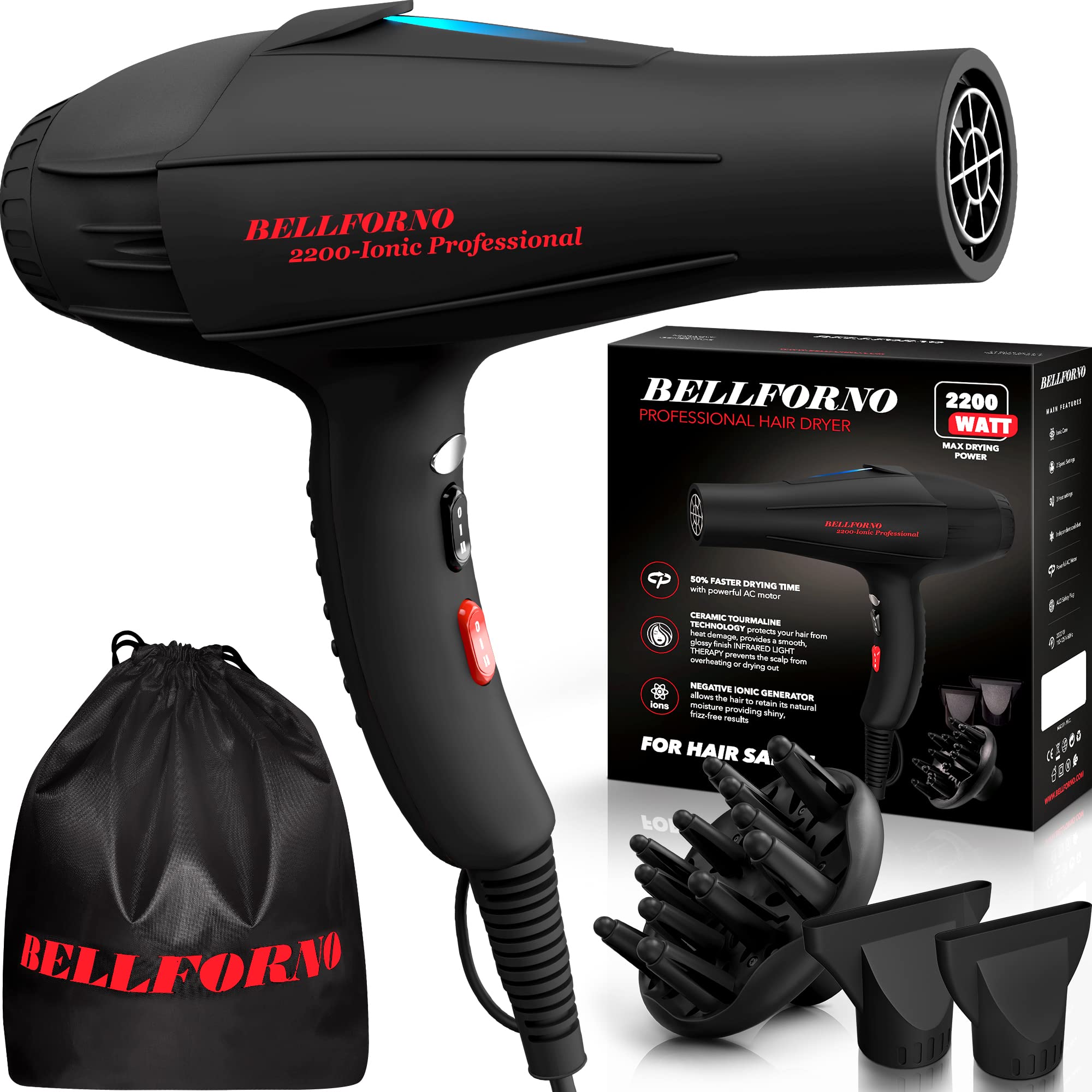 Bellforno professional 2200W dryer front view for fast drying and salon-grade results.