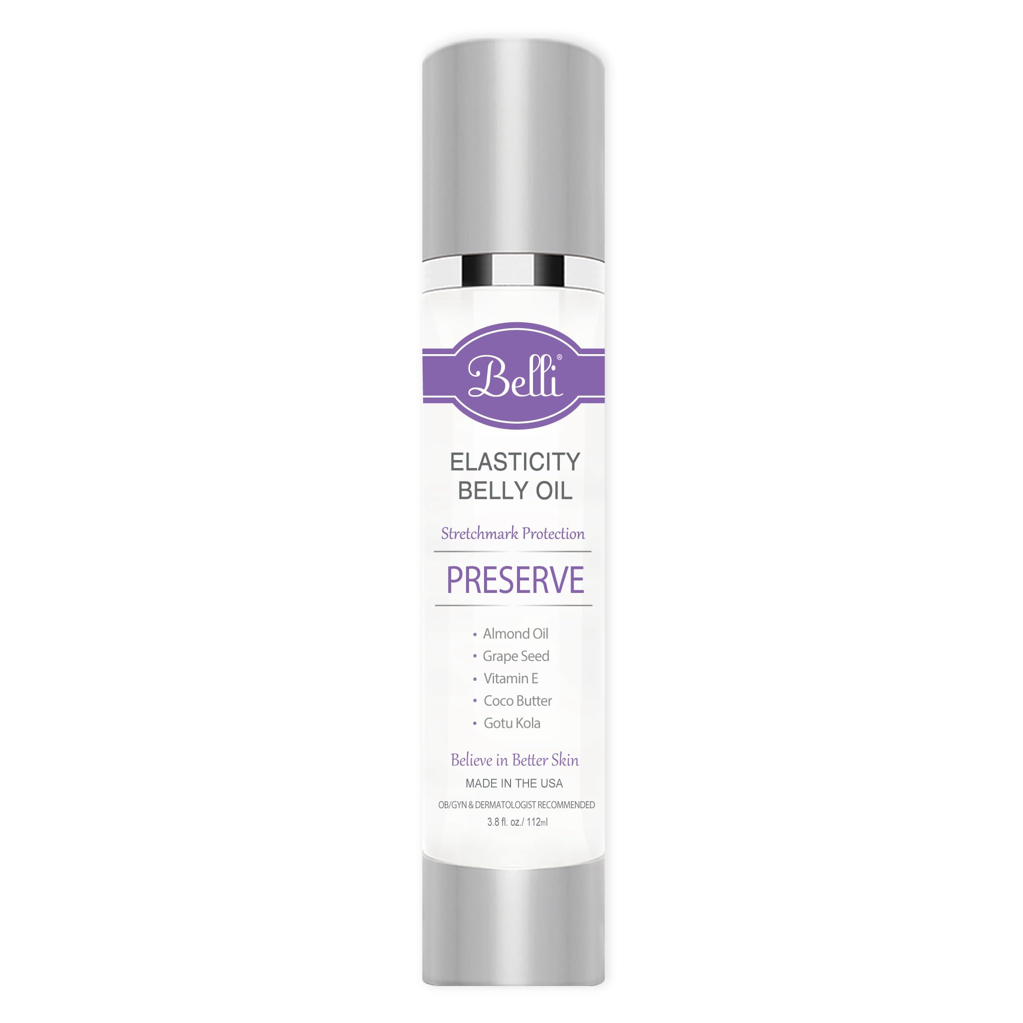 Belli belly stretch mark oil bottle close-up, maternity skincare for stretch marks.