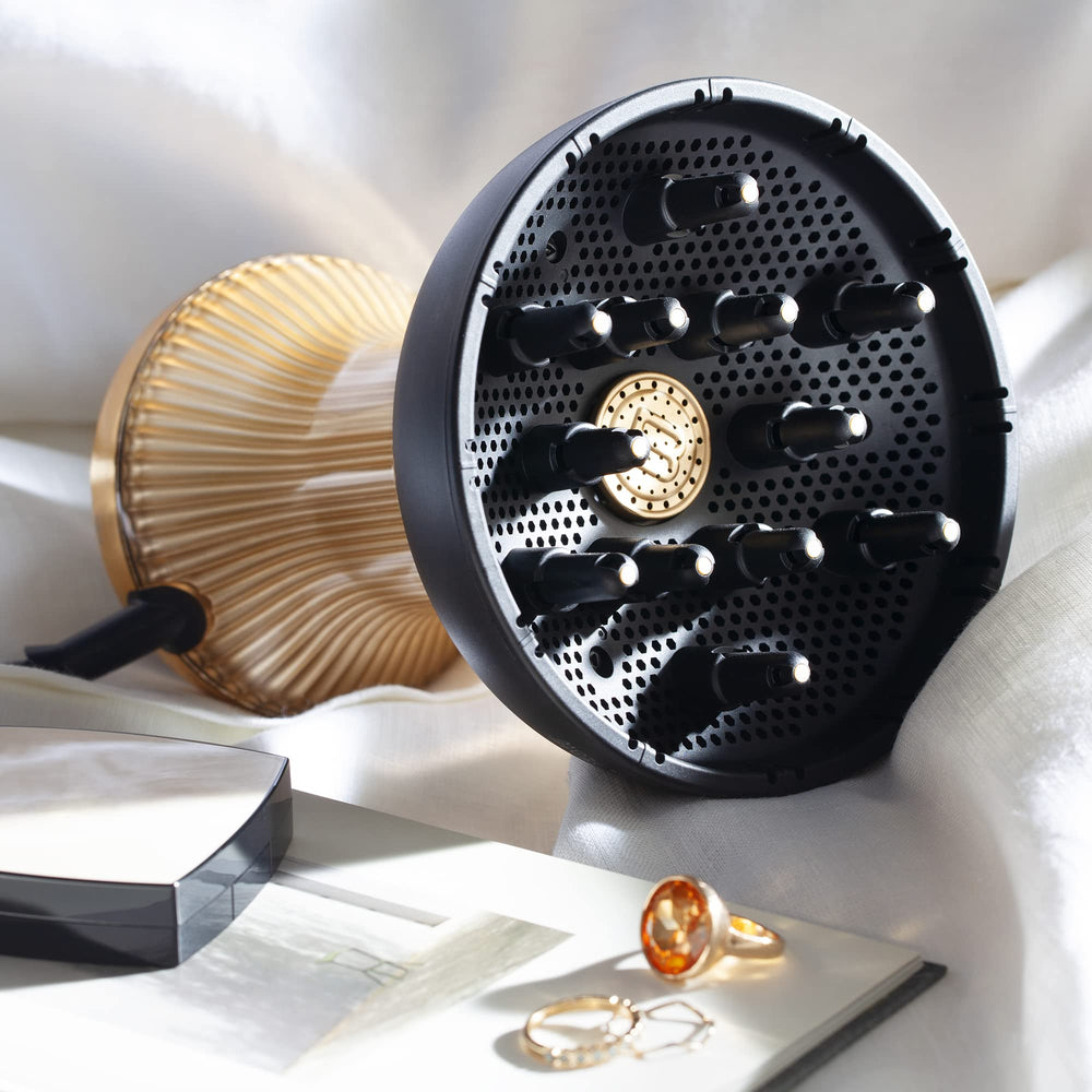 Bellissima Diffon Supreme full unit with diffuser in-use supports curl-friendly drying.