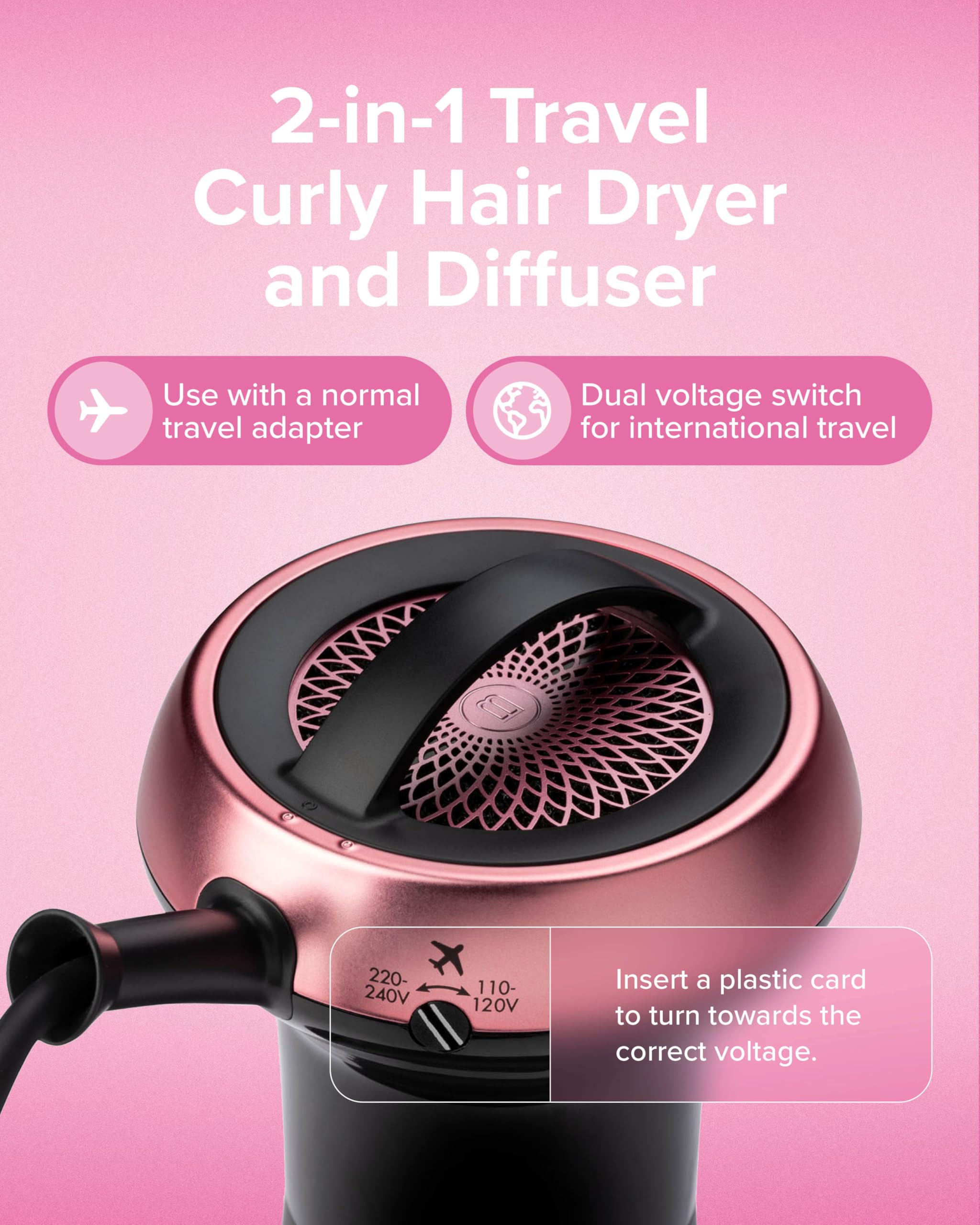 Bellissima Diffon travel-compact design fits in carry-ons for easy on-the-go styling.
