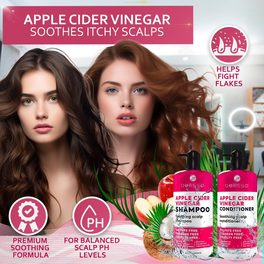Bellisso Apple Cider Vinegar Conditioner bottle front showcases argan, avocado, and coconut extracts for nourishment.